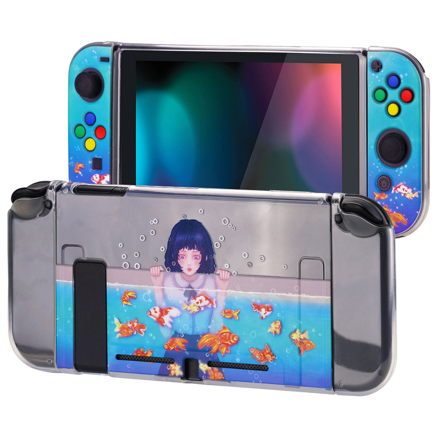PlayVital Transparent Protective Case for NS Switch, Soft TPU Slim Case Cover for NS Switch Console with Colorful ABXY Direction Button Caps - Aquarium Girl - NTU6029