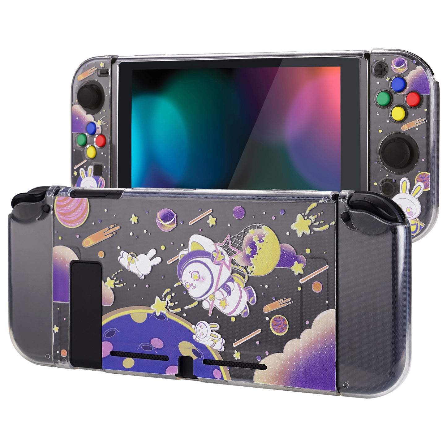 PlayVital Soft TPU Slim Protective Case with Colorful ABXY Direction Button Caps for NS Switch - Space Cat - NTU6031