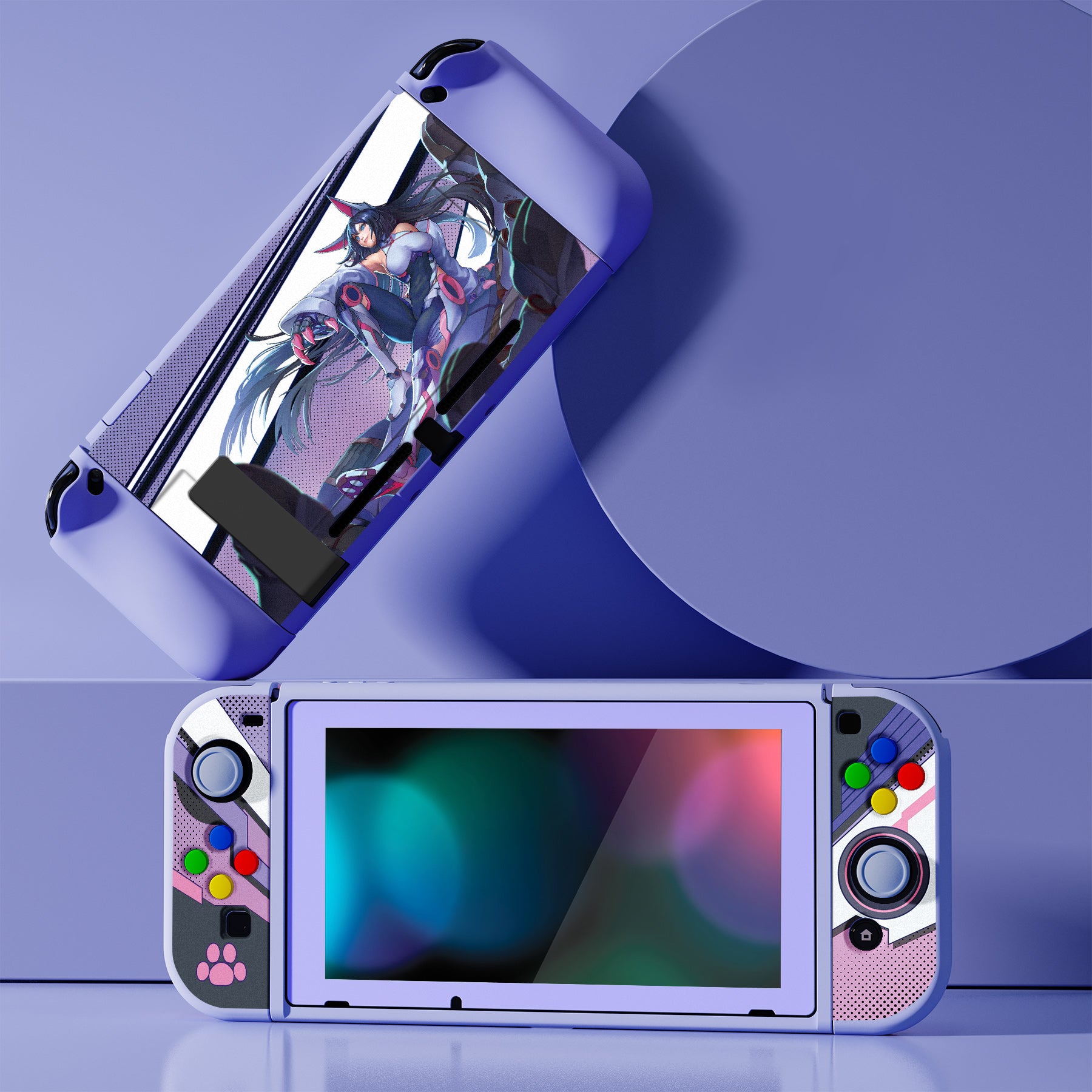 PlayVital ZealProtect Soft Protective Case for Nintendo Switch, Flexible Cover for Switch with Tempered Glass Screen Protector & Thumb Grips & ABXY Direction Button Caps - Neko Mecha - RNSYV6036 playvital