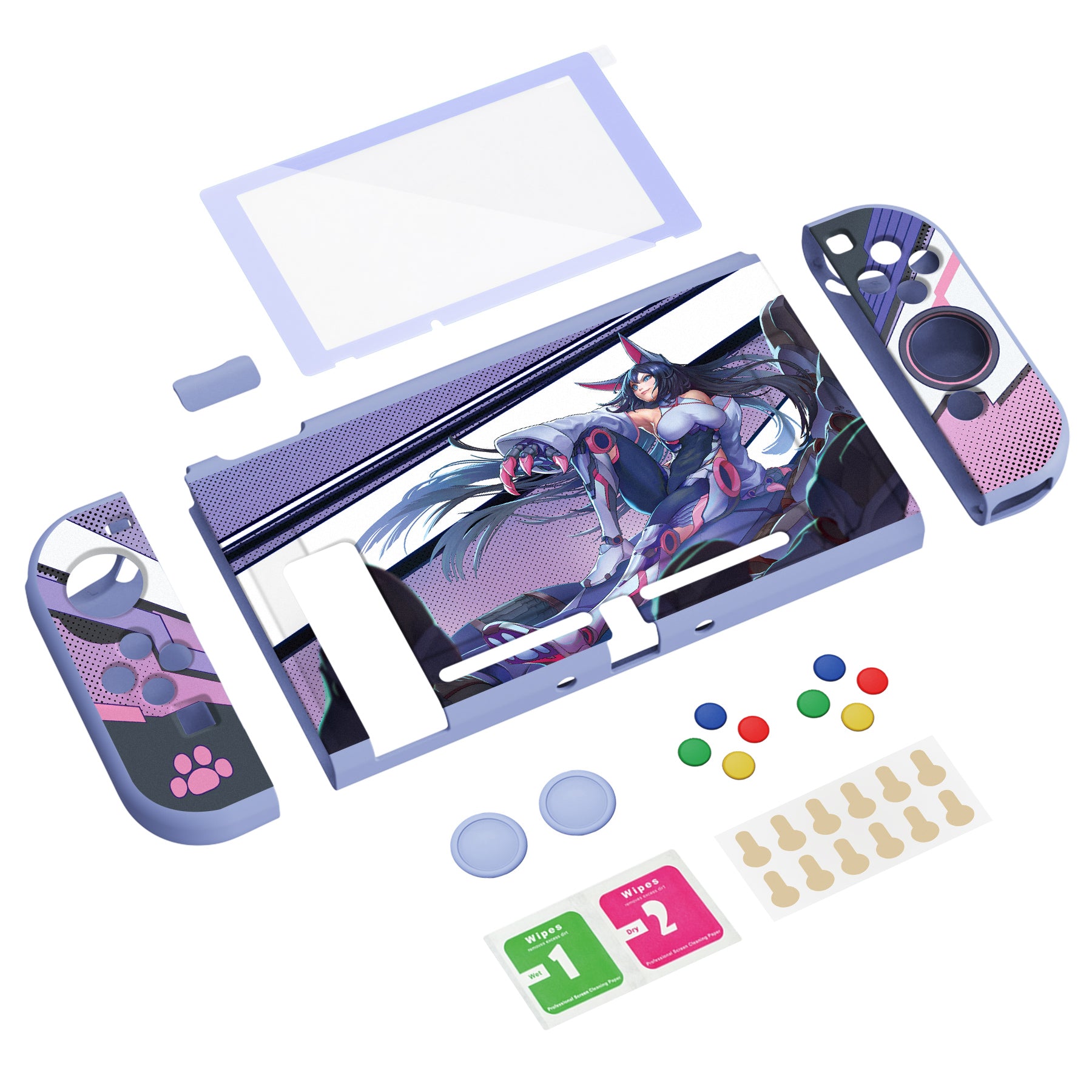 PlayVital ZealProtect Soft Protective Case for Nintendo Switch, Flexible Cover for Switch with Tempered Glass Screen Protector & Thumb Grips & ABXY Direction Button Caps - Neko Mecha - RNSYV6036 playvital