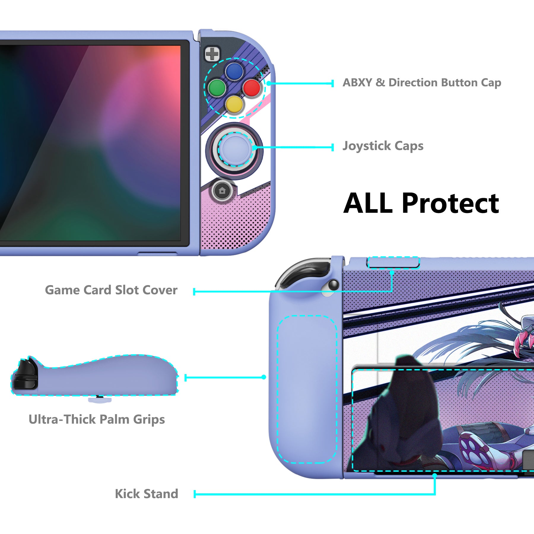 PlayVital ZealProtect Soft Protective Case for Switch OLED, Flexible Protector Joycon Grip Cover for Switch OLED with Thumb Grip Caps & ABXY Direction Button Caps - Neko Mecha - XSOYV6026 playvital