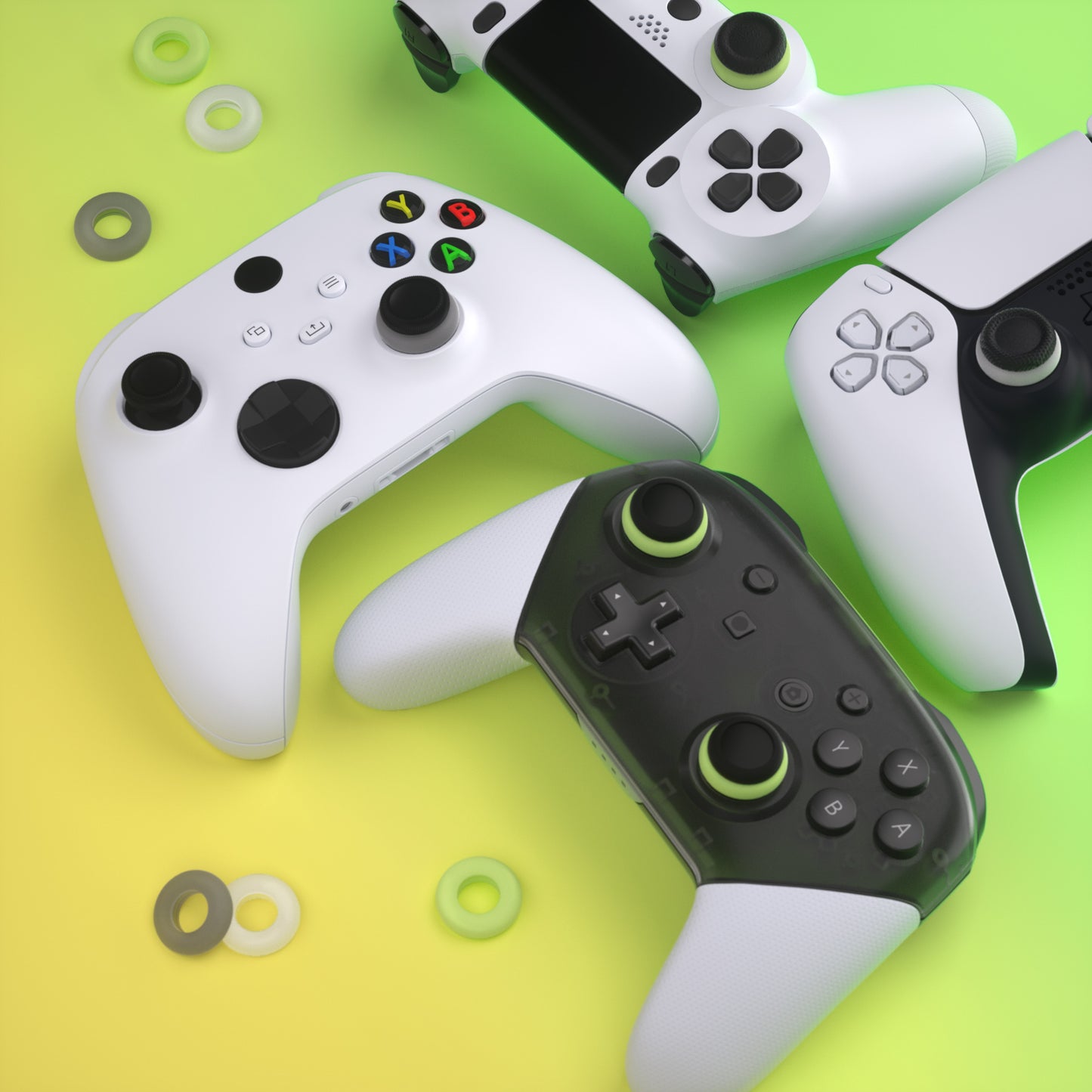Products PlayVital 5 Pairs Aim Assist Target Motion Control Precision Rings for ps5, for ps4, for Xbox Series X/S, Xbox One, Xbox 360, for Switch Pro Controller, for Steam Deck - Clear Black White & Glow in Dark Green - PFPJ118 PlayVital