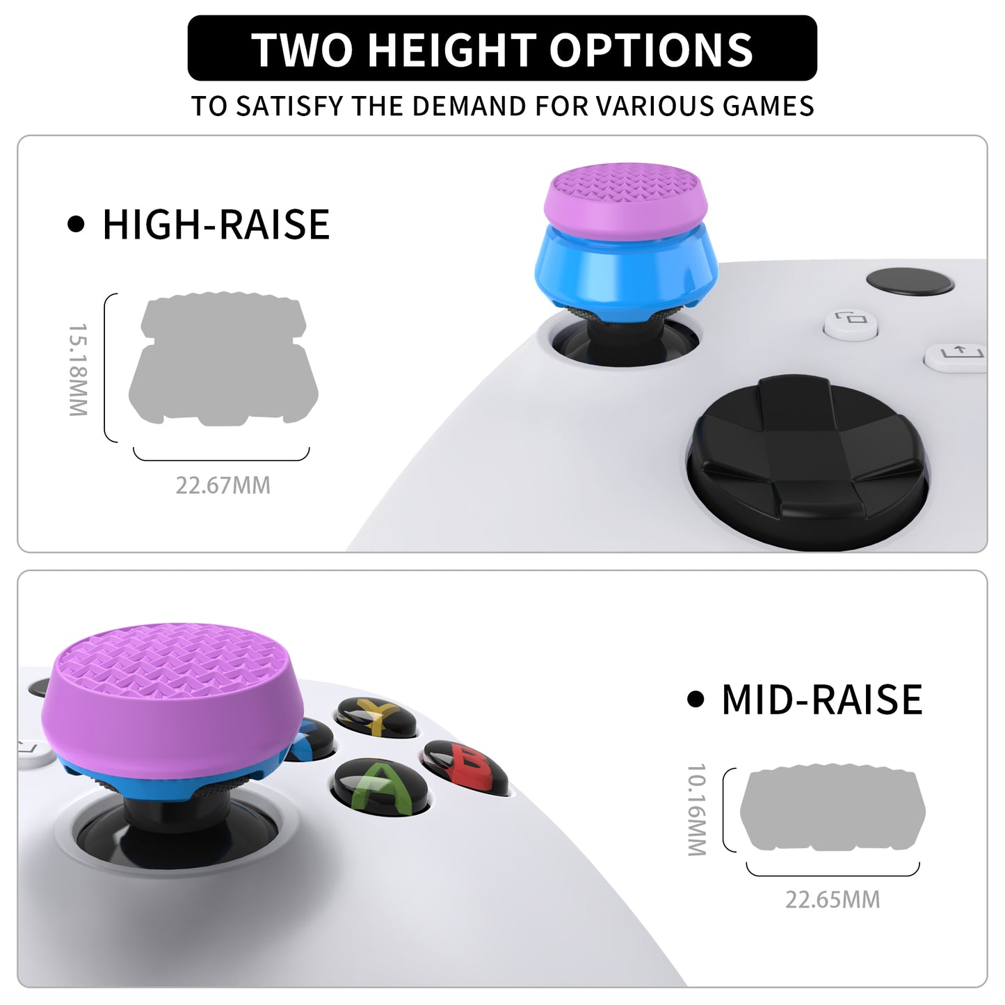 PlayVital Thumbs Pro ARMOR Thumbstick Extender for Xbox Core Controller, for Xbox Series X/S Controller, Joystick Caps Grip for Xbox One Controller - 2 High Raise and 2 Mid Raise Dome - Orchid Purple & Heaven Blue - PJM5004 PlayVital