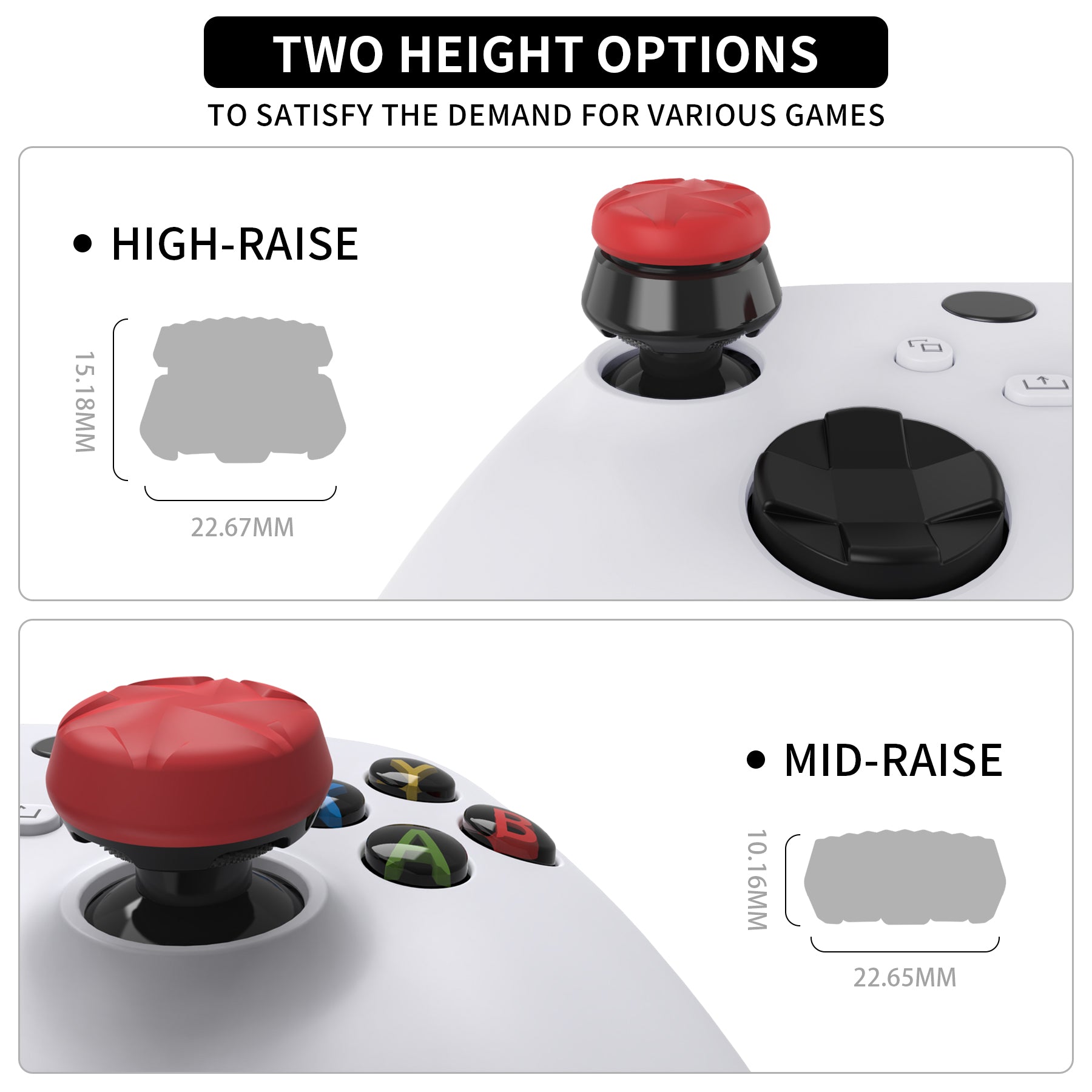PlayVital Thumbs Pro HURRICANE Thumbstick Extender for Xbox Core Controller, for Xbox Series X/S Controller, Joystick Caps for Xbox One Controller - 2 High Raise & 2 Mid Raise Concave - Scarlet Red & Black - PJM5006 PlayVital