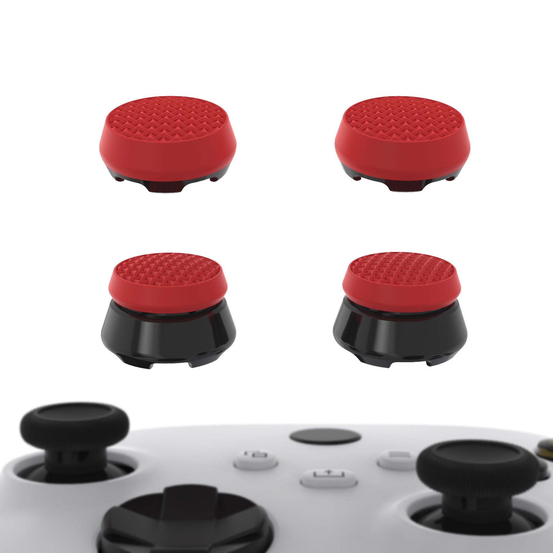 PlayVital Thumbs Pro ARMOR Thumbstick Extender for Xbox Core Controller, for Xbox Series X/S Controller, Joystick Caps Grip for Xbox One Controller - 2 High Raise and 2 Mid Raise Dome - Scarlet Red & Black - PJM5010 PlayVital