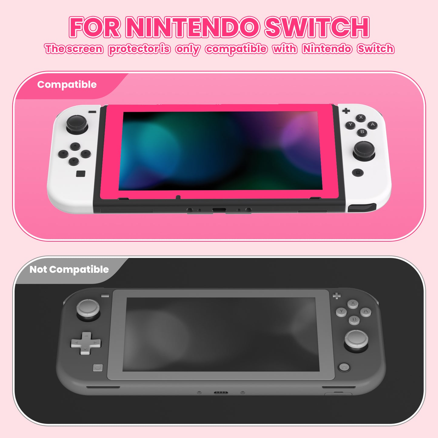 PlayVital 2 Pack Transparent HD Clear Saver Protector Film, Tempered Glass Screen Protector for Nintendo Switch - Bright Pink Border