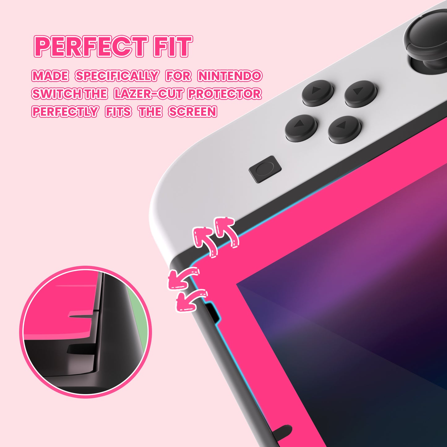 PlayVital 2 Pack Transparent HD Clear Saver Protector Film, Tempered Glass Screen Protector for Nintendo Switch - Bright Pink Border