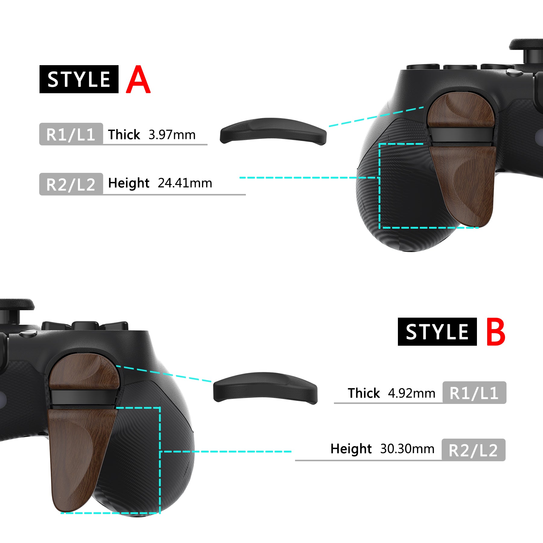 PlayVital 2 Pair Shoulder Buttons Extension Triggers for PS4 All Model Controller, Game Improvement Adjusters for PS4 Controller, Bumper Trigger Extenders for PS4 Slim Pro Controller - Wood Grain - P4PJ005 PlayVital