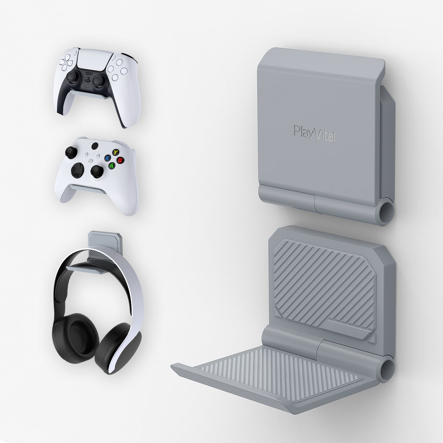 PlayVital 2 Set FOLD Controller Wall Mount for PS5 & PS4 & Xbox Series X/S & Switch Pro & Xbox Wireless Headset & Pulse 3D Headset - White - DMYPFM005 PlayVital