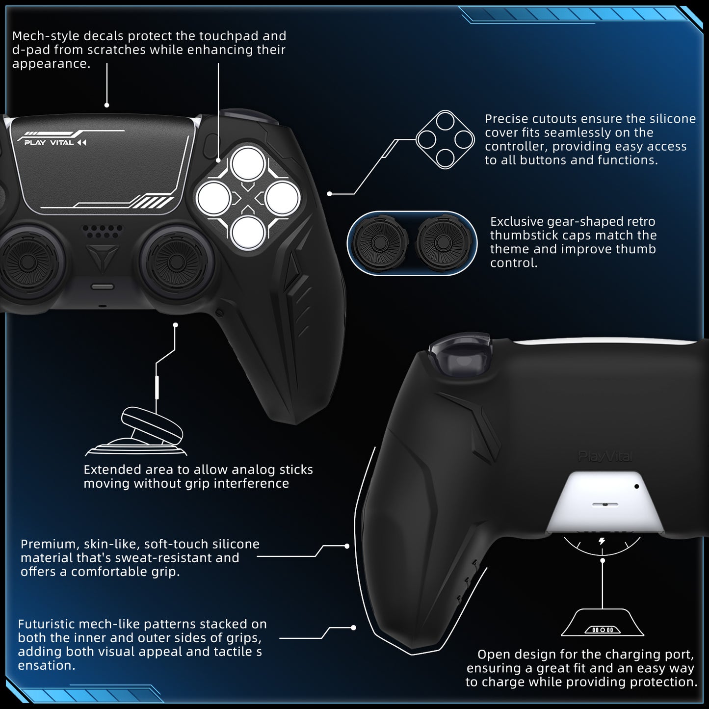 PlayVital Futuristic CyberMech Design Silicone Grip Skin with Thumb Grips for PS5 Wireless Controller, Compatible with PS5 Official Charging Dock - Black - CHXPFP001 (Copy) PlayVital