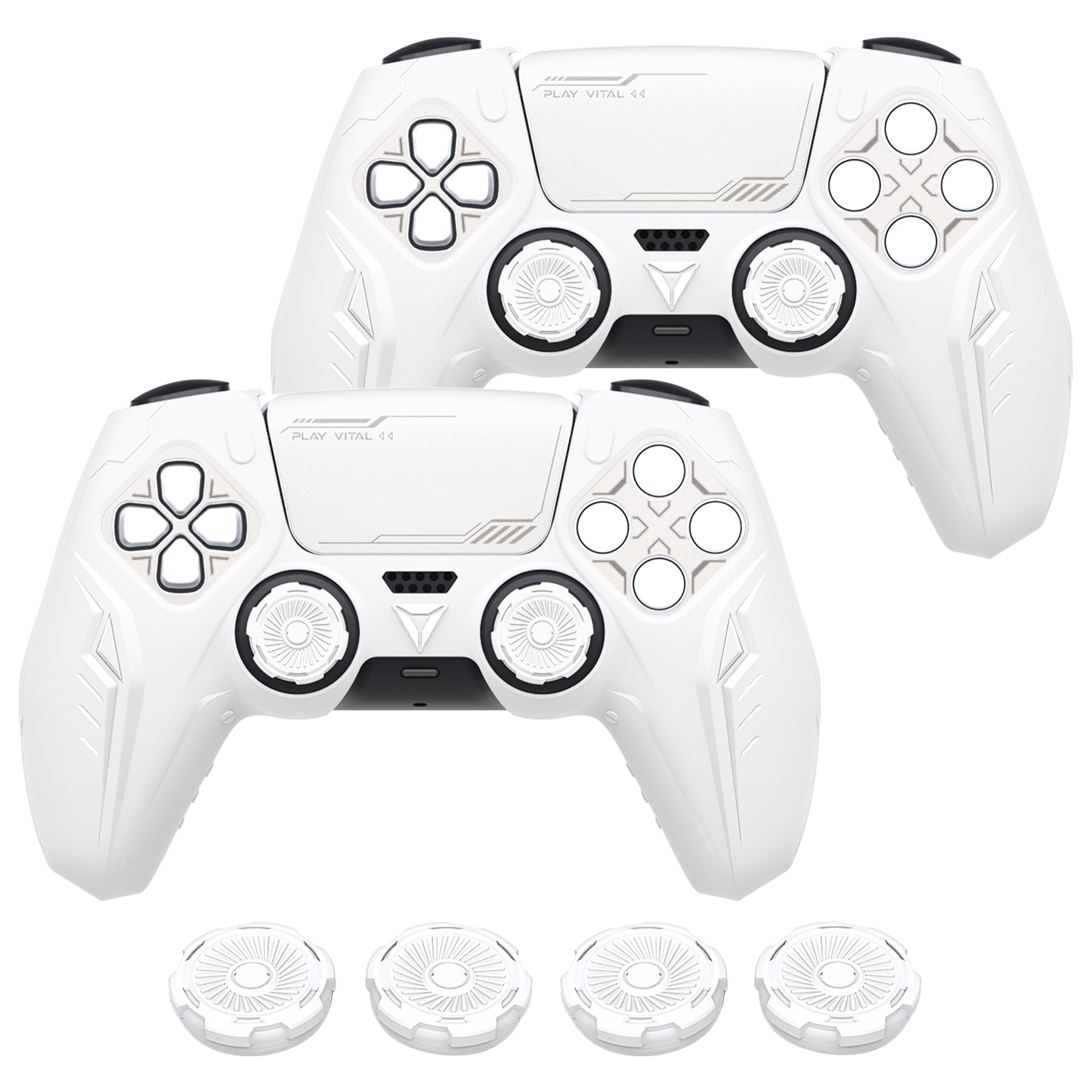 PlayVital 2 Set Futuristic CyberMech Design Silicone Case with Thumb Grips for PS5 Wireless Controller, Compatible with PS5 Official Charging Dock - White - CHXPFP007 PlayVital