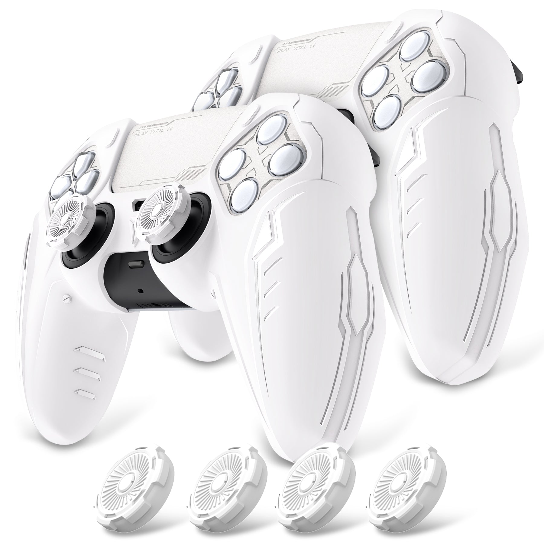 PlayVital 2 Set Futuristic CyberMech Design Silicone Case with Thumb Grips for PS5 Wireless Controller, Compatible with PS5 Official Charging Dock - White - CHXPFP007 PlayVital