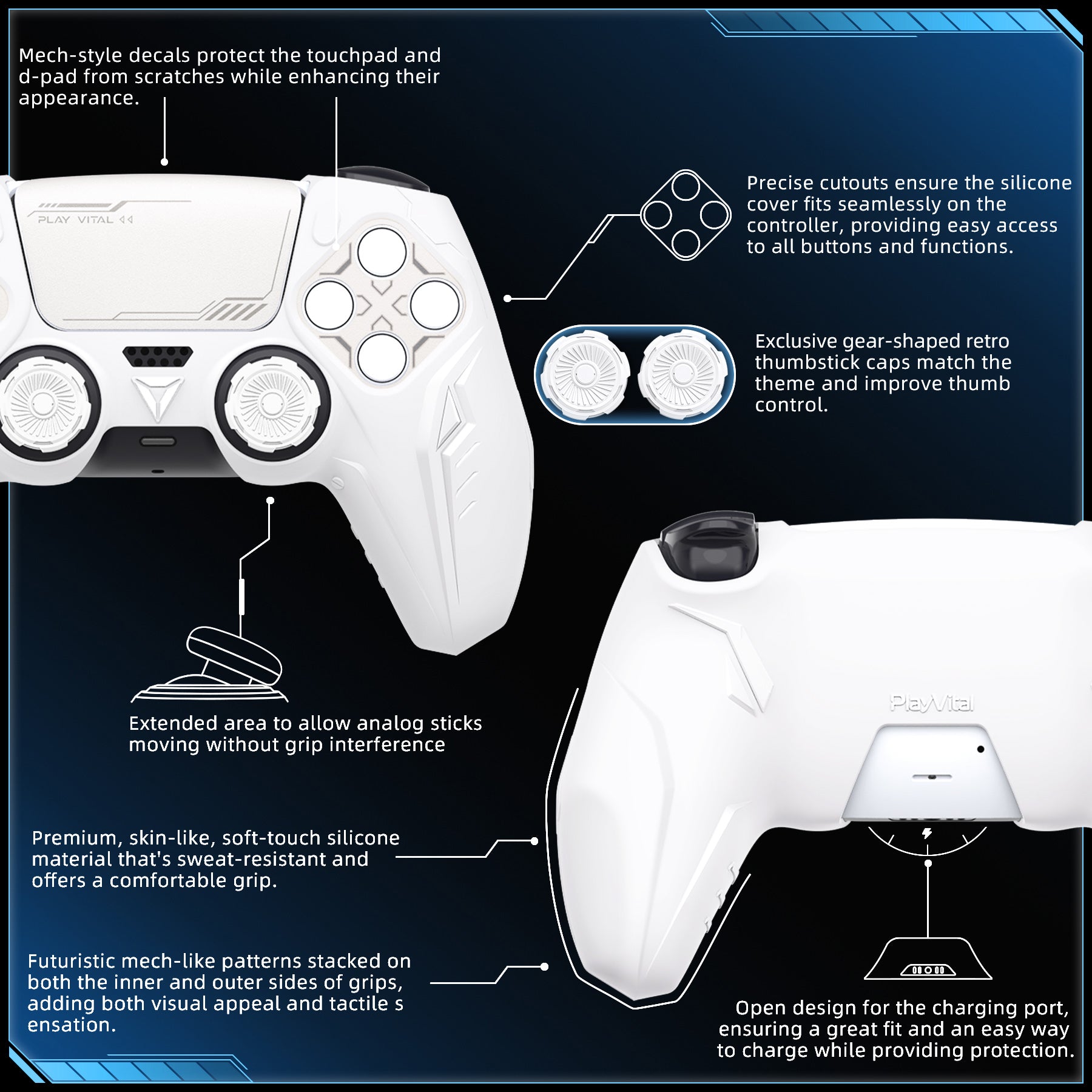 PlayVital 2 Set Futuristic CyberMech Design Silicone Case with Thumb Grips for PS5 Wireless Controller, Compatible with PS5 Official Charging Dock - White - CHXPFP007 PlayVital