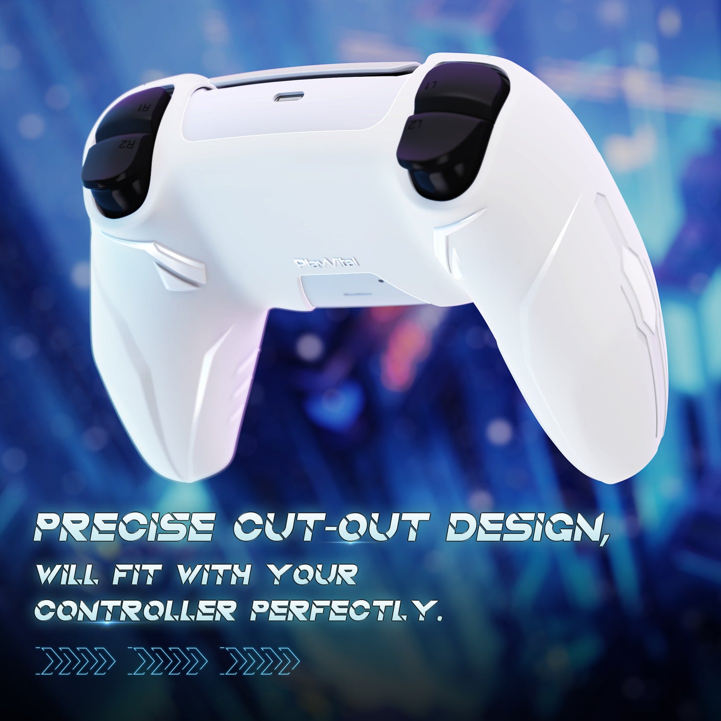 PlayVital 2 Set Futuristic CyberMech Design Silicone Case with Thumb Grips for PS5 Wireless Controller, Compatible with PS5 Official Charging Dock - White - CHXPFP007 PlayVital