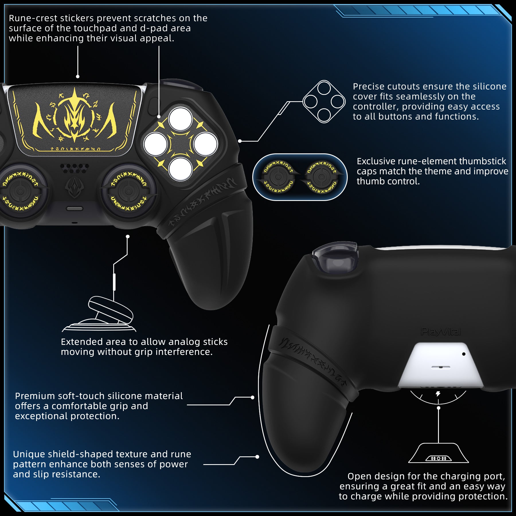 PlayVital 2 Set Runes Edition Silicone Cover Skin for PS5 Controller with Thumb Grips & Touchpad Skin & D-pad Area Sticker, Compatible with PS5 Charging Dock - Black - FVEPFP005 PlayVital