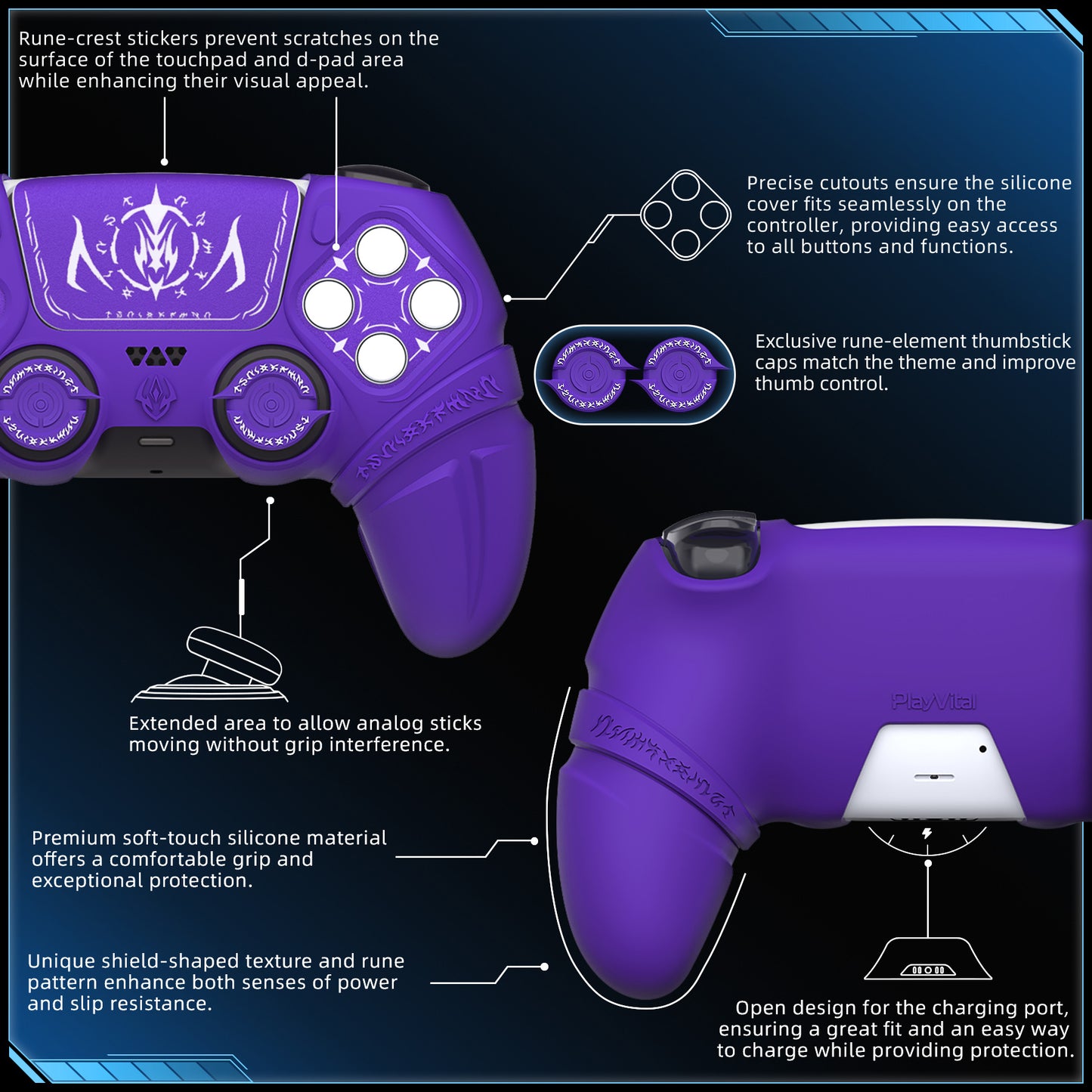 PlayVital 2 Set Runes Edition Silicone Cover Skin for PS5 Controller with Thumb Grips & Touchpad Skin & D-pad Area Sticker, Compatible with PS5 Charging Dock - Purple - FVEPFP007 PlayVital