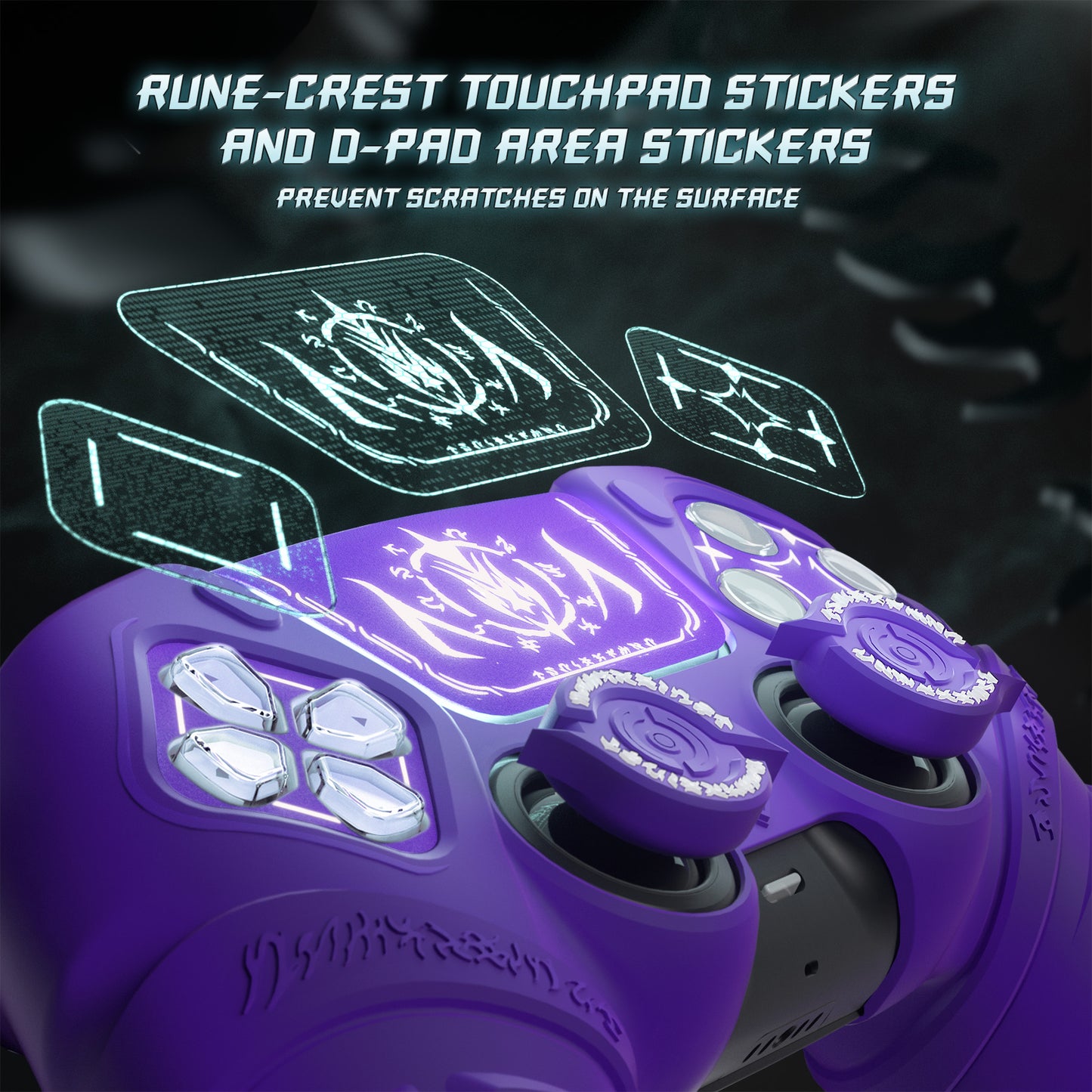 PlayVital 2 Set Runes Edition Silicone Cover Skin for PS5 Controller with Thumb Grips & Touchpad Skin & D-pad Area Sticker, Compatible with PS5 Charging Dock - Purple - FVEPFP007 PlayVital