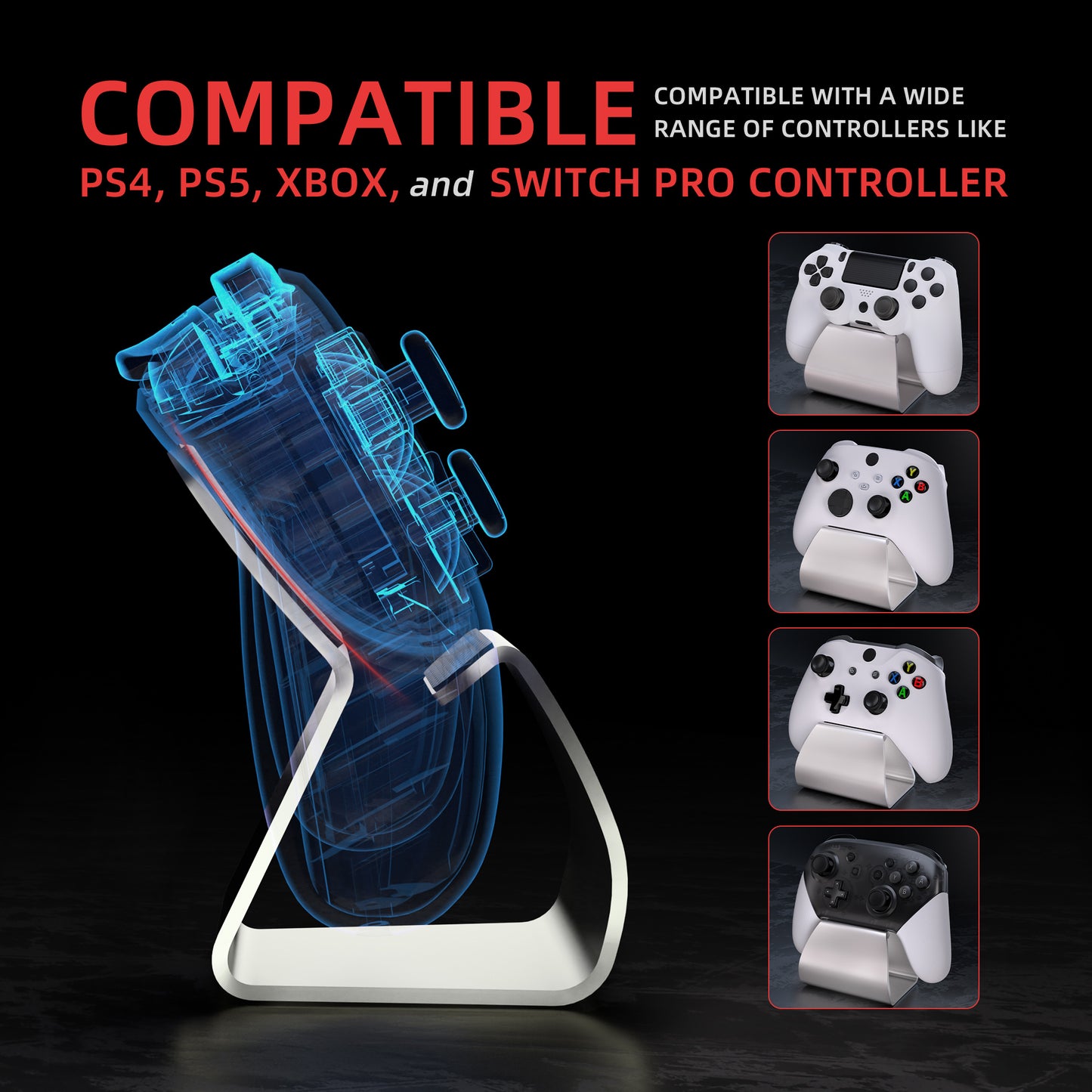 PlayVital 2 Set Stand-AL Universal Metal Game Controller Stand for PS5 & PS4 & Xbox Series X/S & Xbox One & Switch Pro Aluminium Metal Display Gamepad Holder - Silver