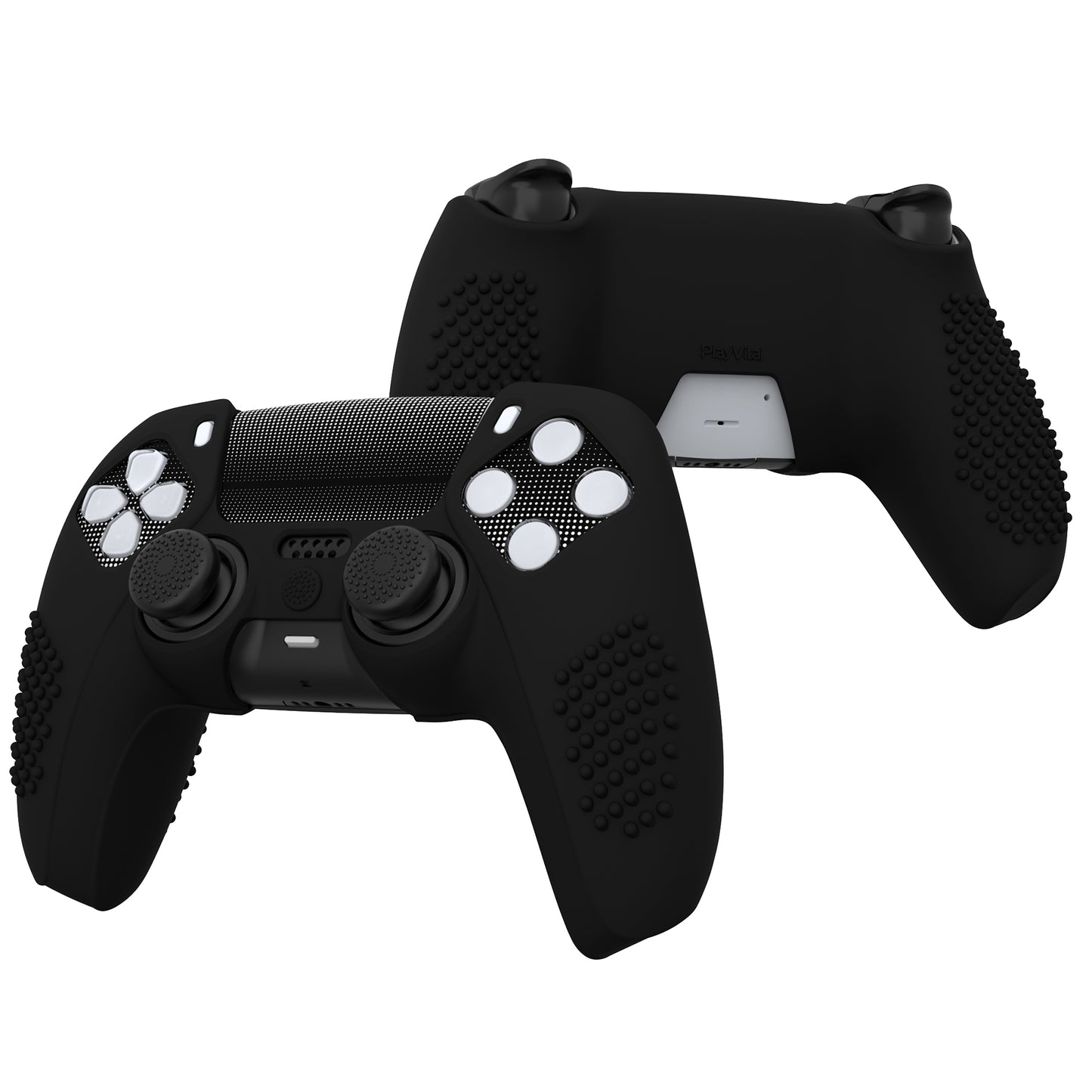 PlayVital 2 Set Upgraded 3D Studded Edition Anti-Slip Silicone Cover Skin with 6 Thumb Grips & 2 Stickers for PS5 Controller, Compatible with Charging Dock - Black PlayVital