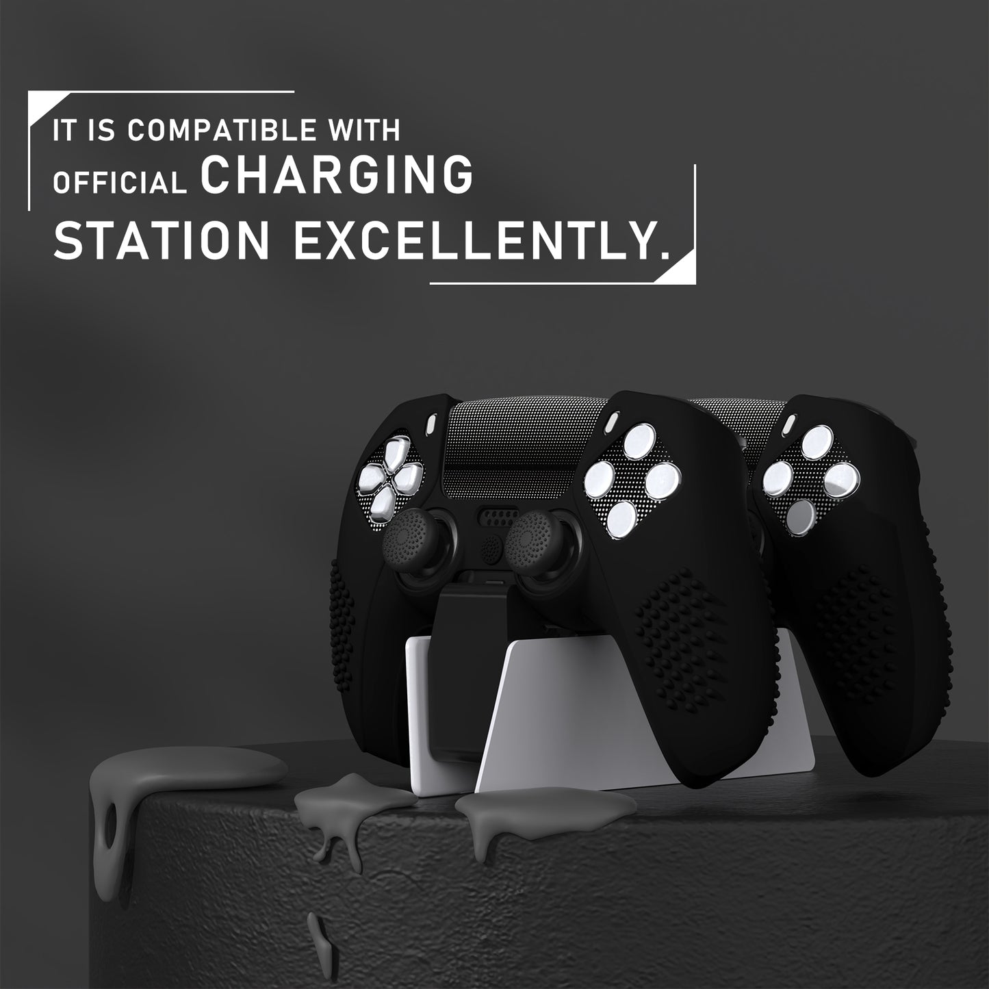 PlayVital 2 Set Upgraded 3D Studded Edition Anti-Slip Silicone Cover Skin with 6 Thumb Grips & 2 Stickers for PS5 Controller, Compatible with Charging Dock - Black PlayVital