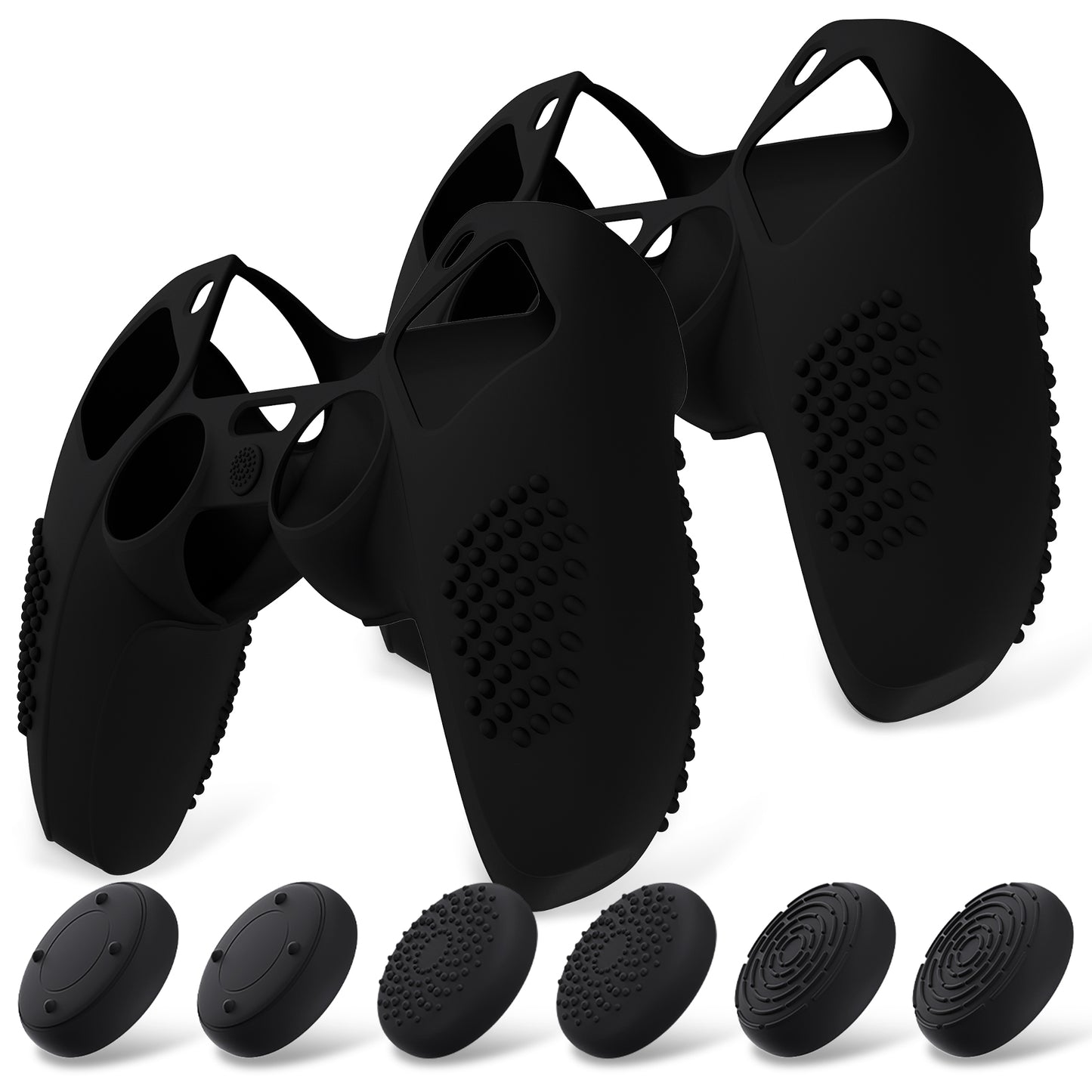 PlayVital 2 Set Upgraded 3D Studded Edition Anti-Slip Silicone Cover Skin with 6 Thumb Grips & 2 Stickers for PS5 Controller, Compatible with Charging Dock - Black PlayVital