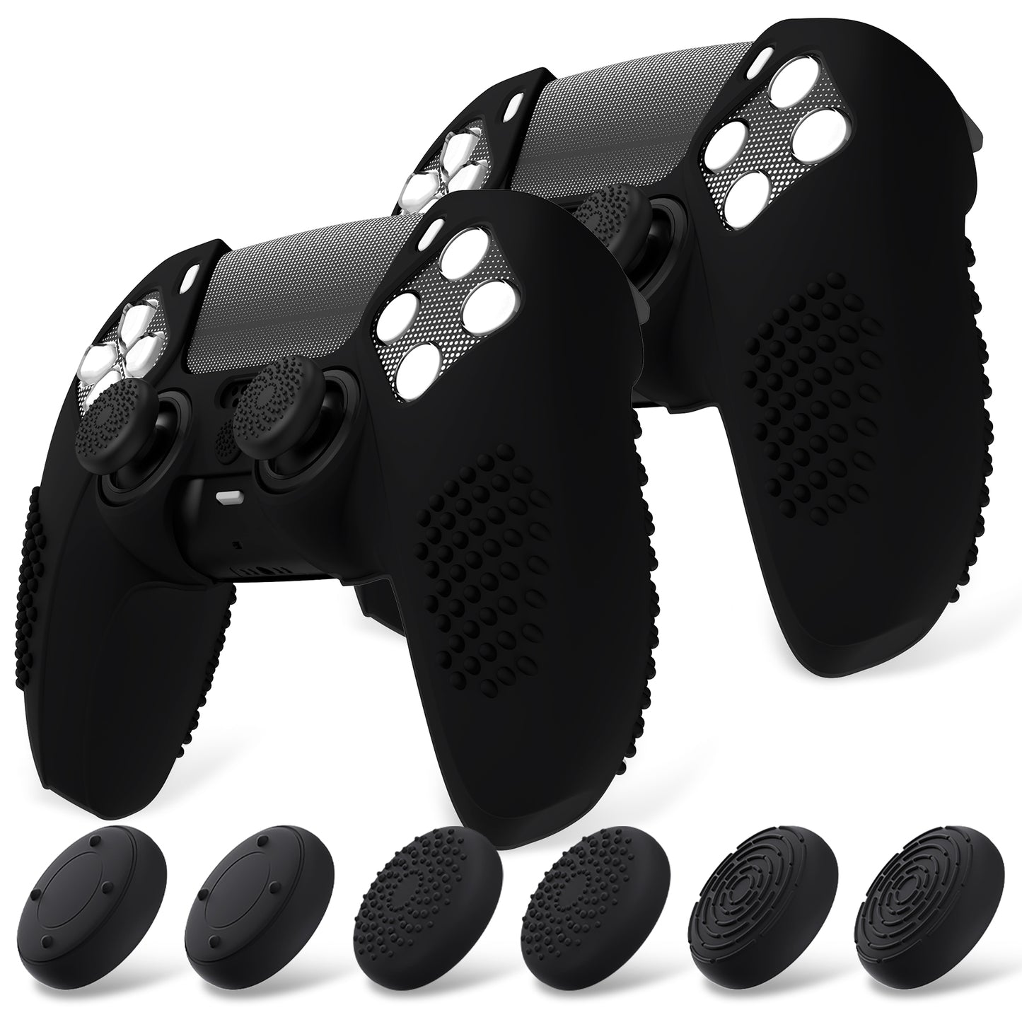 PlayVital 2 Set Upgraded 3D Studded Edition Anti-Slip Silicone Cover Skin with 6 Thumb Grips & 2 Stickers for PS5 Controller, Compatible with Charging Dock - Black PlayVital