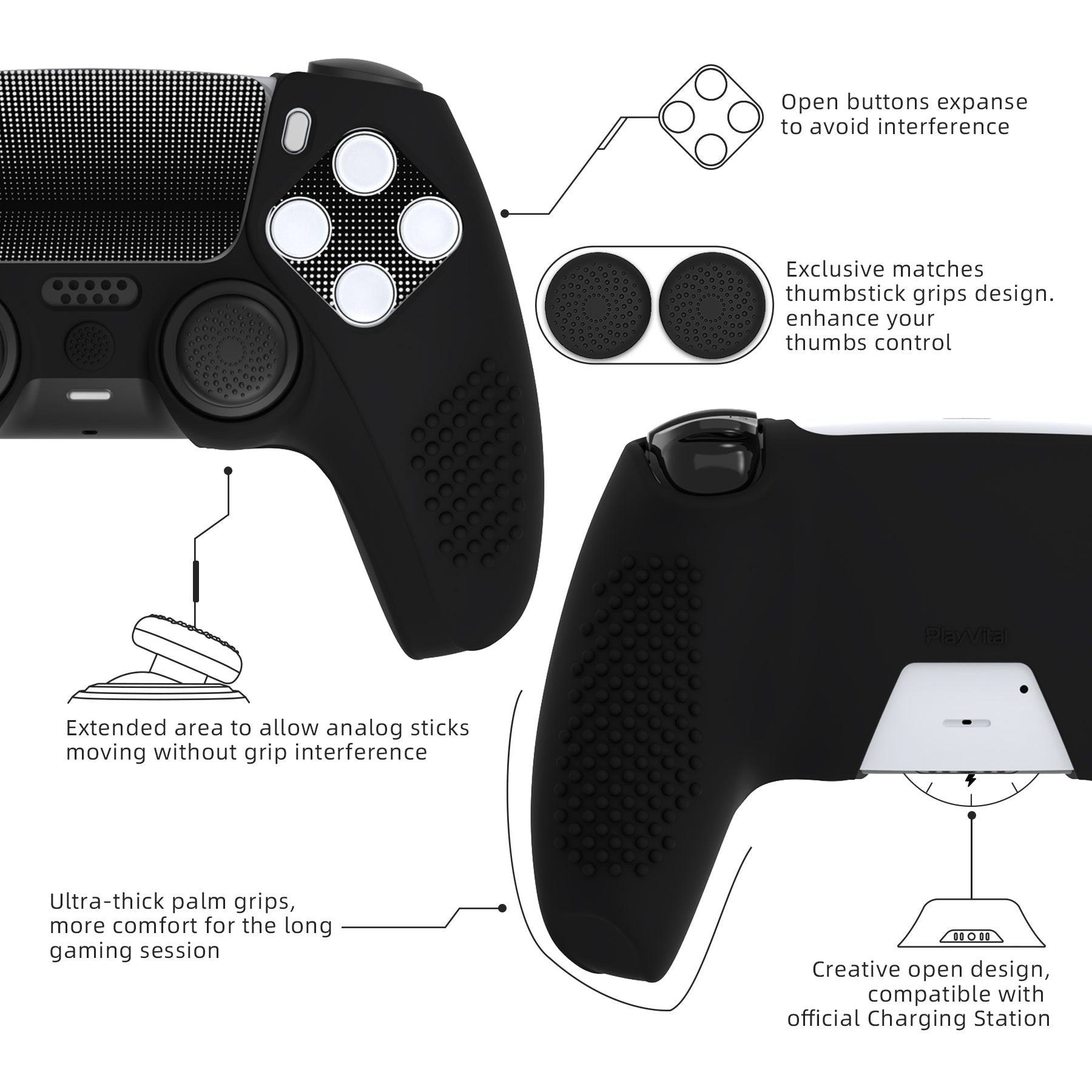 PlayVital 2 Set Upgraded 3D Studded Edition Anti-Slip Silicone Cover Skin with 6 Thumb Grips & 2 Stickers for PS5 Controller, Compatible with Charging Dock - Black PlayVital