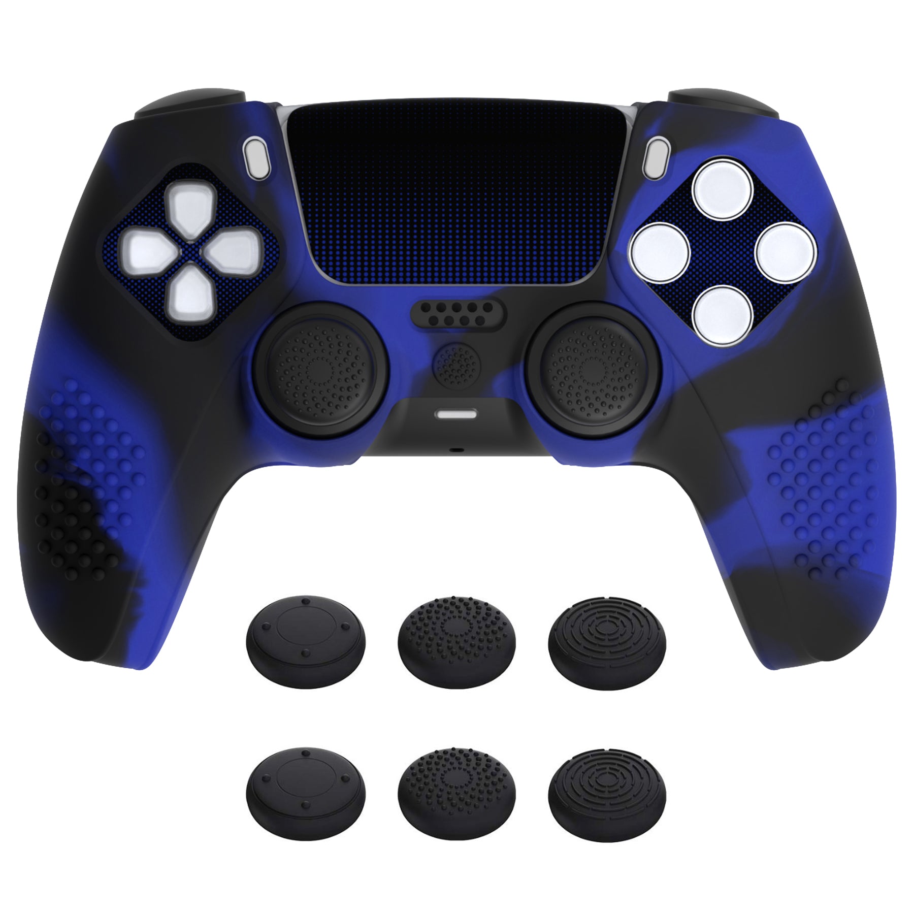 PlayVital 2 Set Upgraded 3D Studded Edition Anti-Slip Silicone Cover Skin with 6 Thumb Grips & 2 Stickers for PS5 Controller, Compatible with Charging Dock - Blue & Black PlayVital