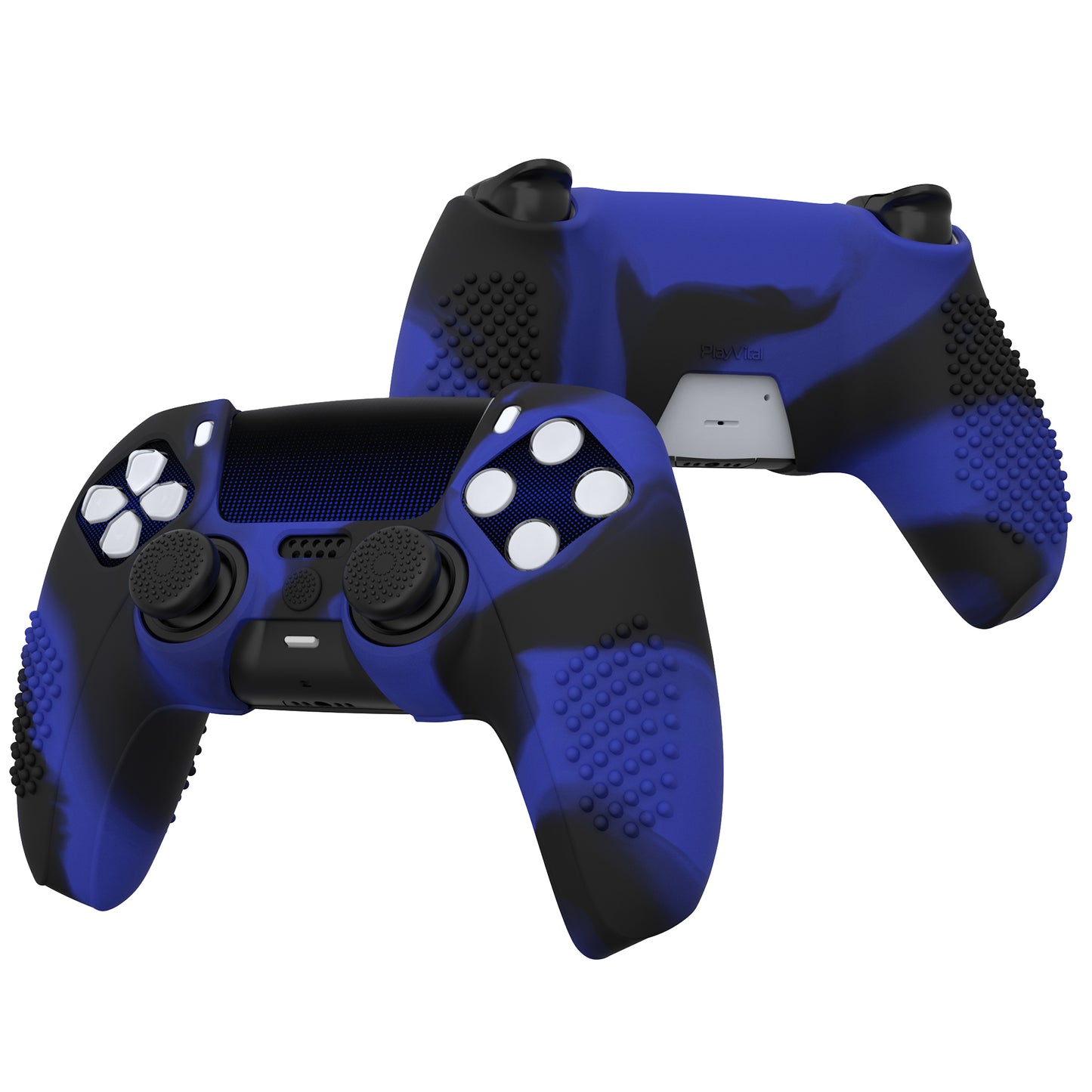 PlayVital 2 Set Upgraded 3D Studded Edition Anti-Slip Silicone Cover Skin with 6 Thumb Grips & 2 Stickers for PS5 Controller, Compatible with Charging Dock - Blue & Black PlayVital