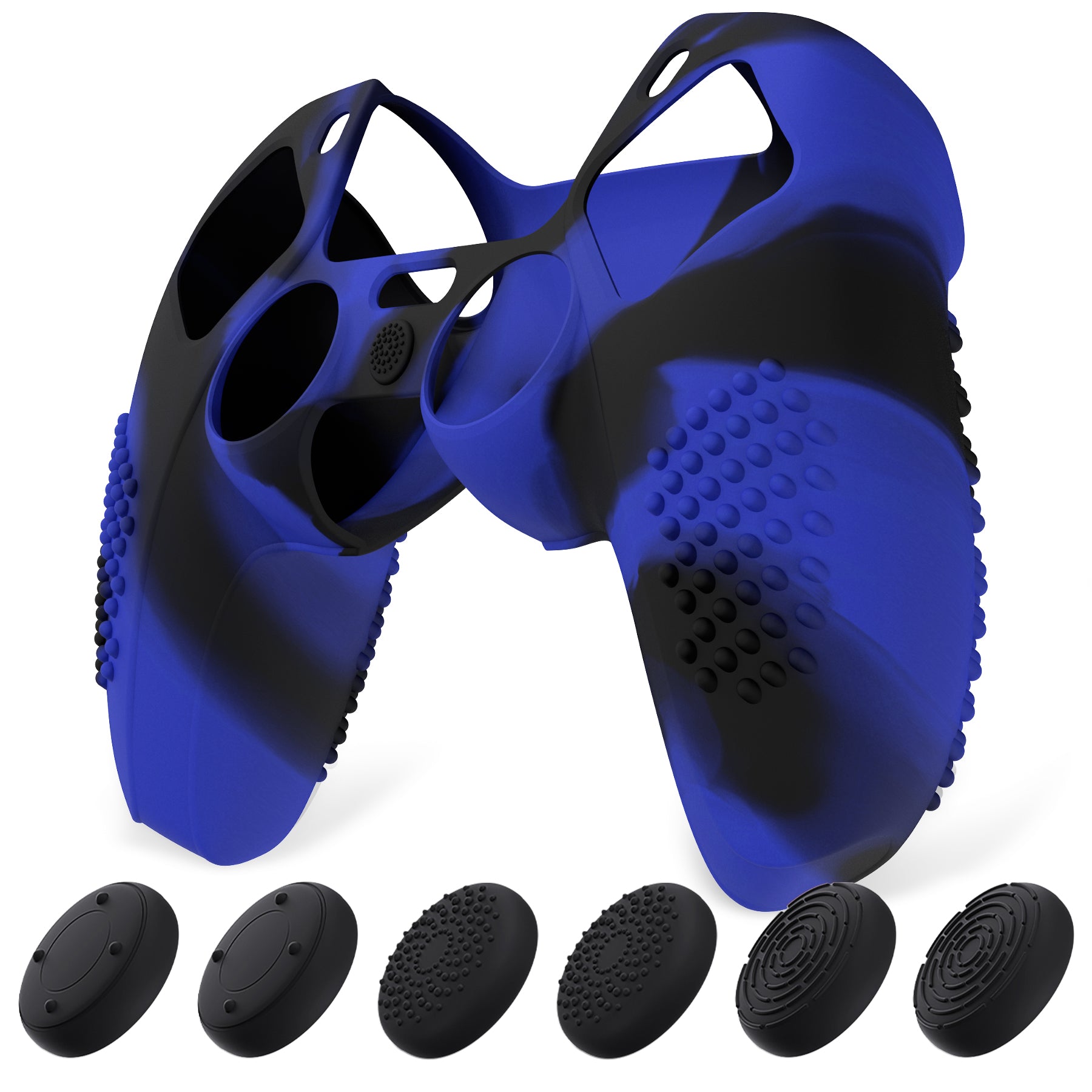 PlayVital 2 Set Upgraded 3D Studded Edition Anti-Slip Silicone Cover Skin with 6 Thumb Grips & 2 Stickers for PS5 Controller, Compatible with Charging Dock - Blue & Black PlayVital