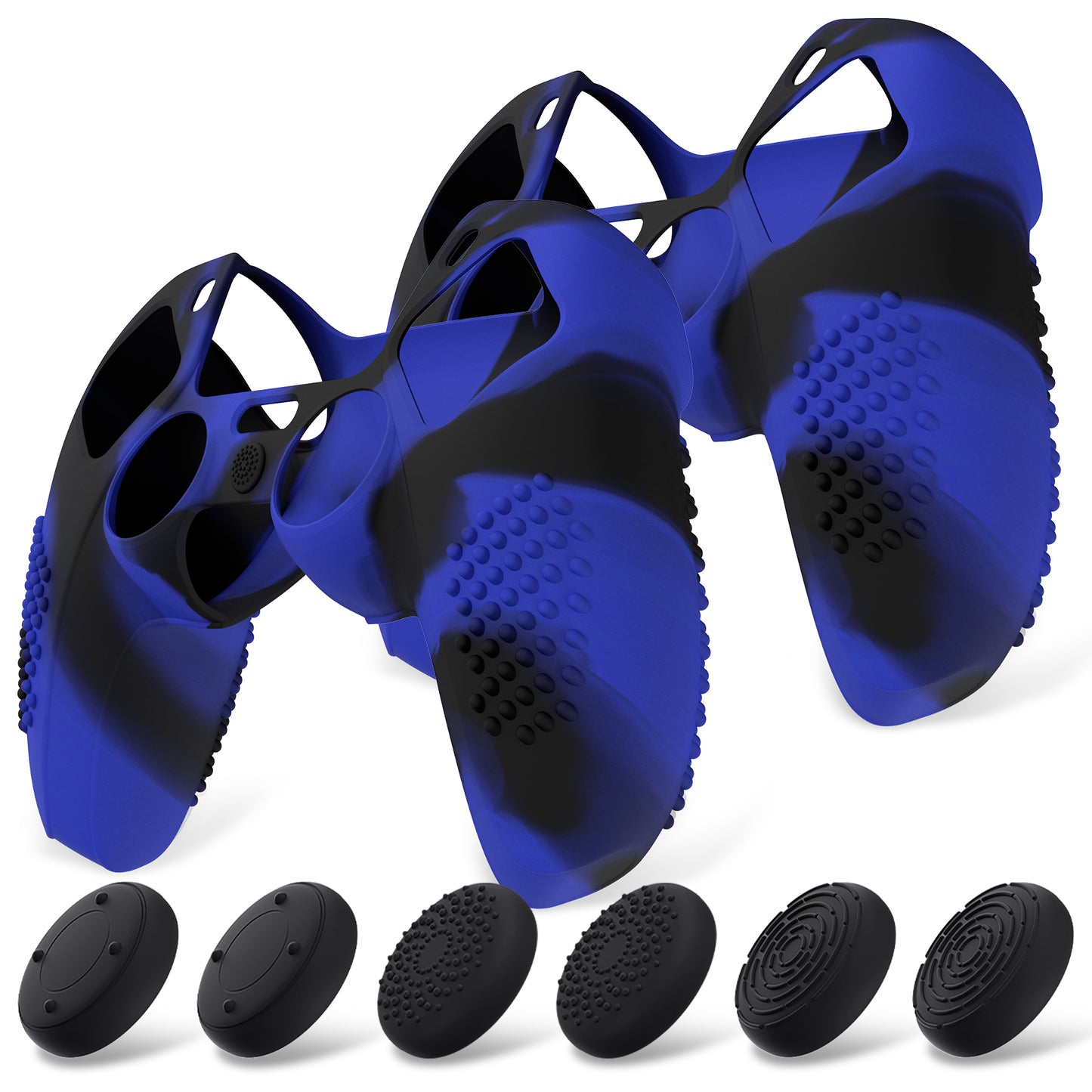 PlayVital 2 Set Upgraded 3D Studded Edition Anti-Slip Silicone Cover Skin with 6 Thumb Grips & 2 Stickers for PS5 Controller, Compatible with Charging Dock - Blue & Black PlayVital