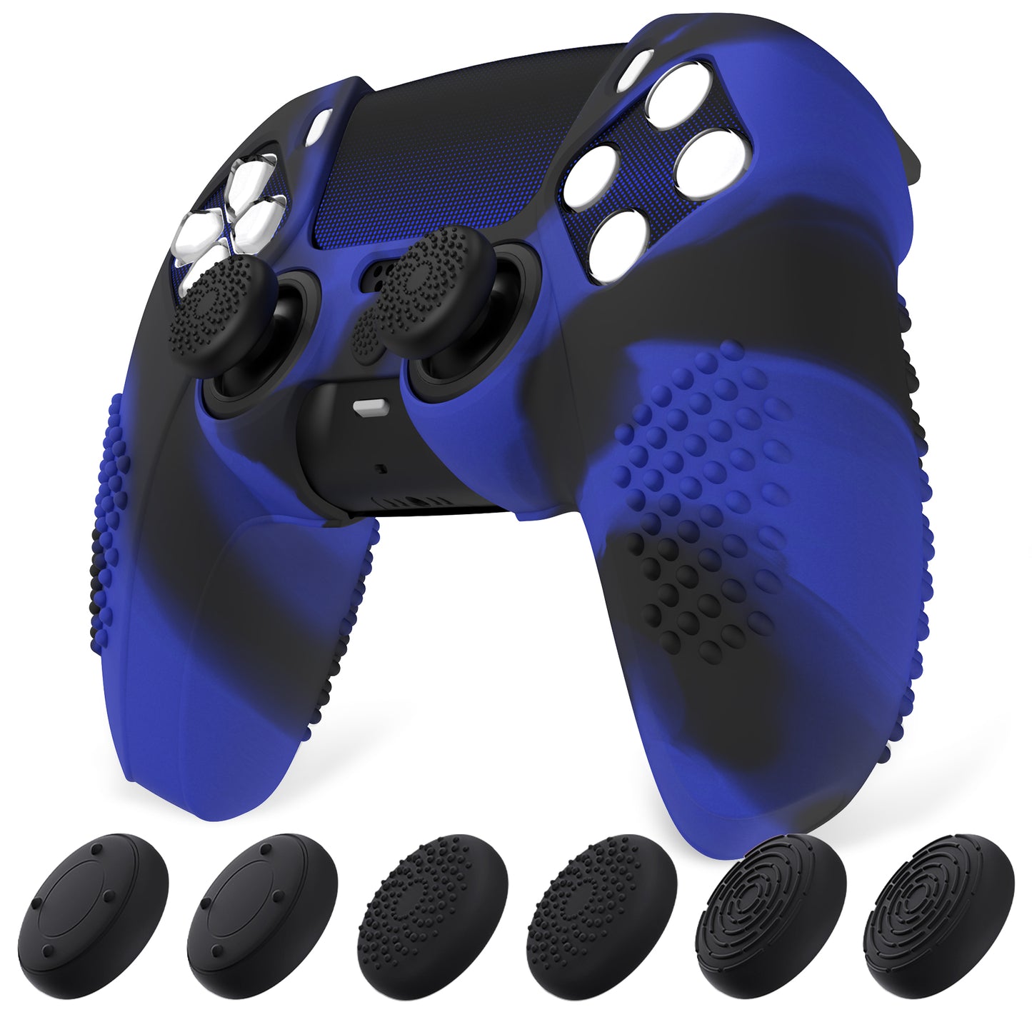 PlayVital 2 Set Upgraded 3D Studded Edition Anti-Slip Silicone Cover Skin with 6 Thumb Grips & 2 Stickers for PS5 Controller, Compatible with Charging Dock - Blue & Black PlayVital