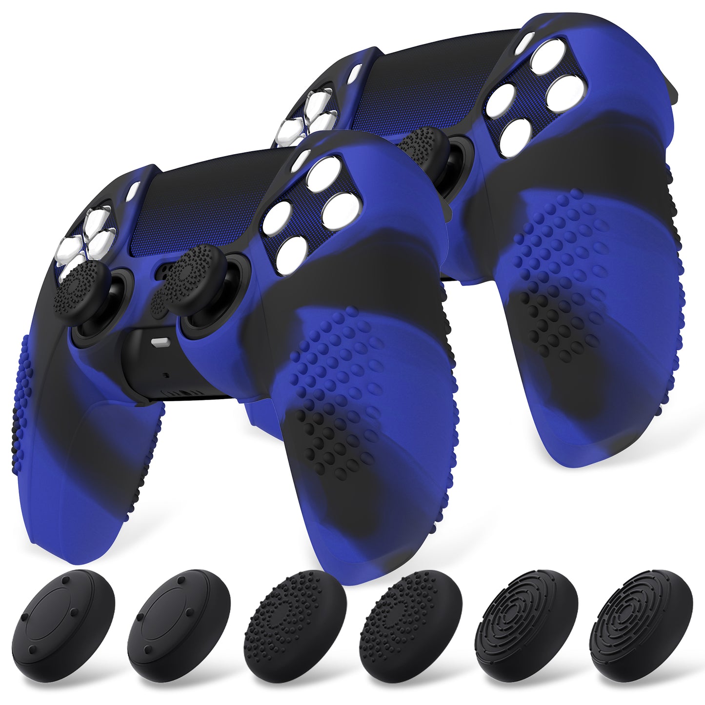 PlayVital 2 Set Upgraded 3D Studded Edition Anti-Slip Silicone Cover Skin with 6 Thumb Grips & 2 Stickers for PS5 Controller, Compatible with Charging Dock - Blue & Black PlayVital