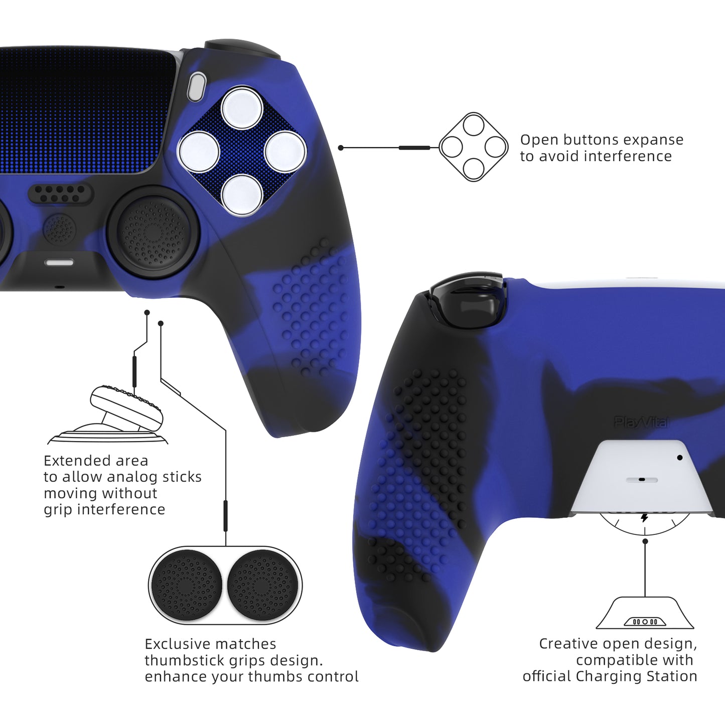 PlayVital 2 Set Upgraded 3D Studded Edition Anti-Slip Silicone Cover Skin with 6 Thumb Grips & 2 Stickers for PS5 Controller, Compatible with Charging Dock - Blue & Black PlayVital