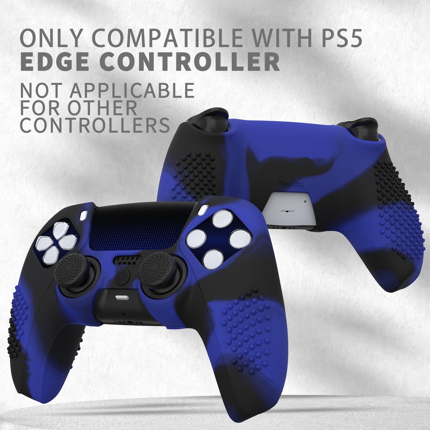 PlayVital 2 Set Upgraded 3D Studded Edition Anti-Slip Silicone Cover Skin with 6 Thumb Grips & 2 Stickers for PS5 Controller, Compatible with Charging Dock - Blue & Black PlayVital