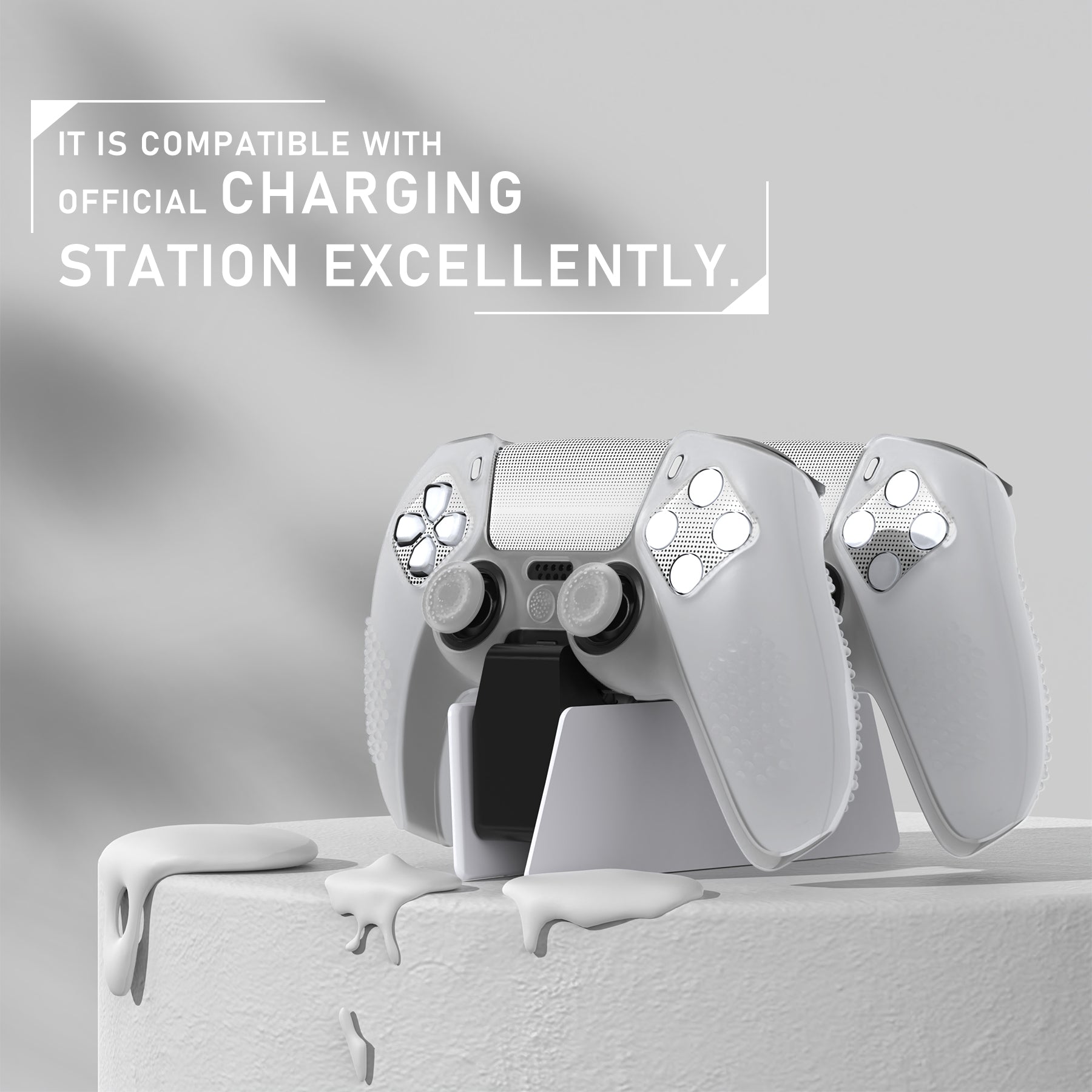 PlayVital 2 Set Upgraded 3D Studded Edition Anti-Slip Silicone Cover Skin with 6 Thumb Grips & 2 Stickers for PS5 Controller, Compatible with Charging Dock - Clear White PlayVital