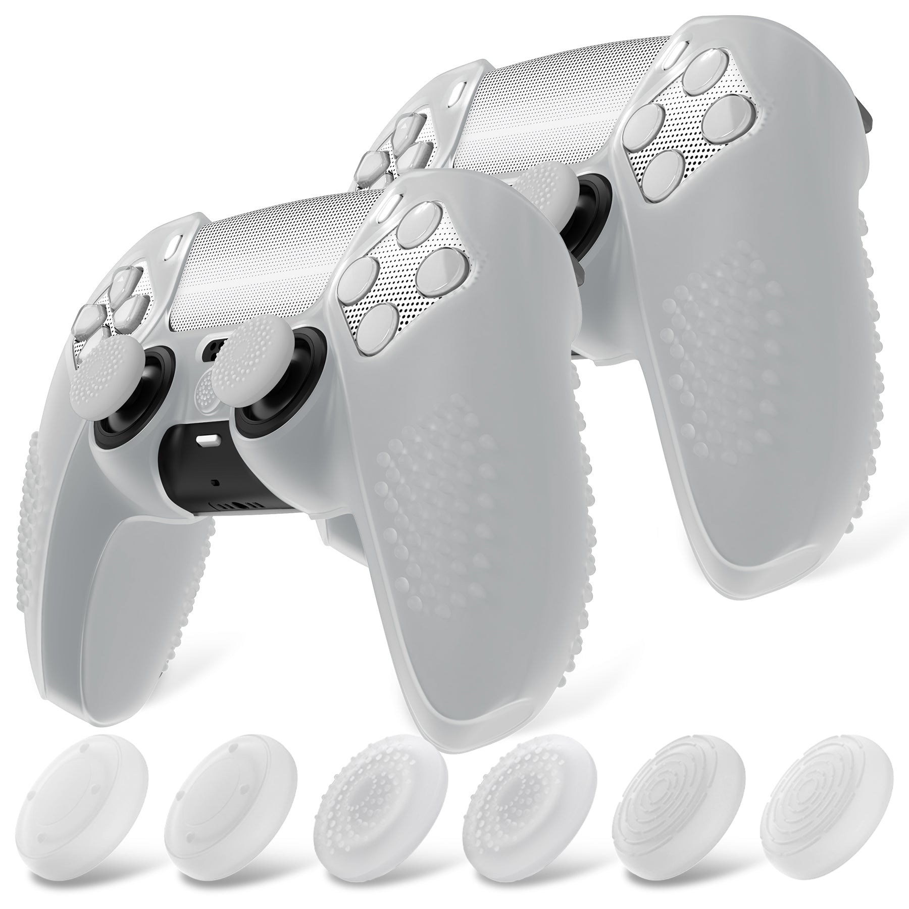 PlayVital 2 Set Upgraded 3D Studded Edition Anti-Slip Silicone Cover Skin with 6 Thumb Grips & 2 Stickers for PS5 Controller, Compatible with Charging Dock - Clear White PlayVital