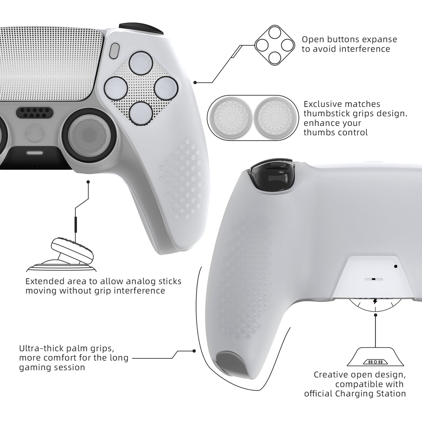 PlayVital 2 Set Upgraded 3D Studded Edition Anti-Slip Silicone Cover Skin with 6 Thumb Grips & 2 Stickers for PS5 Controller, Compatible with Charging Dock - Clear White PlayVital