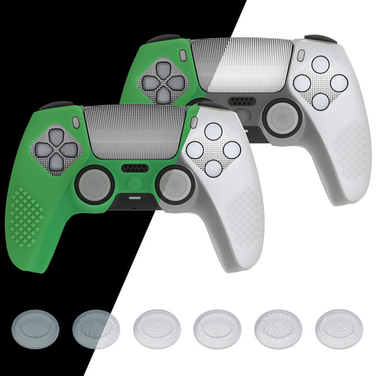 PlayVital 2 Set Upgraded 3D Studded Edition Anti-Slip Silicone Cover Skin with 6 Thumb Grips & 2 Stickers for PS5 Controller, Compatible with Charging Dock - Glow in Dark - Green PlayVital