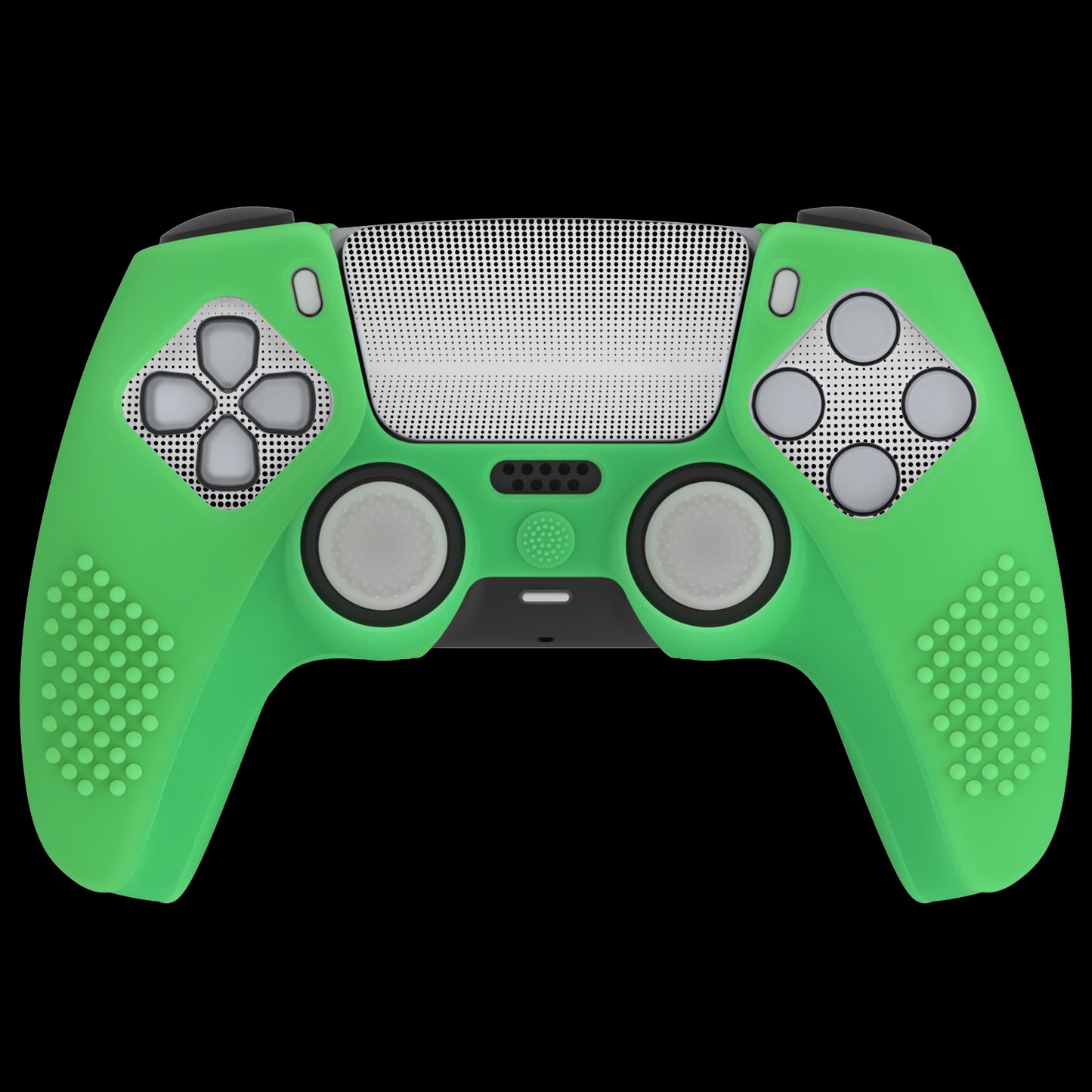 PlayVital 2 Set Upgraded 3D Studded Edition Anti-Slip Silicone Cover Skin with 6 Thumb Grips & 2 Stickers for PS5 Controller, Compatible with Charging Dock - Glow in Dark - Green PlayVital