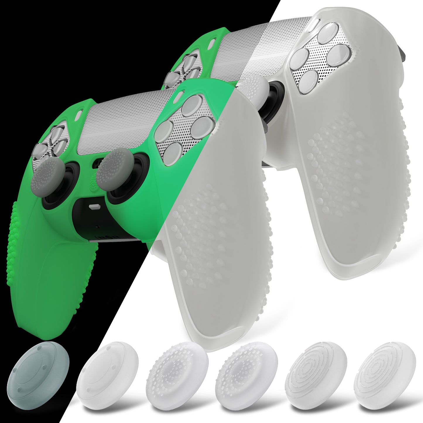 PlayVital 2 Set Upgraded 3D Studded Edition Anti-Slip Silicone Cover Skin with 6 Thumb Grips & 2 Stickers for PS5 Controller, Compatible with Charging Dock - Glow in Dark - Green PlayVital