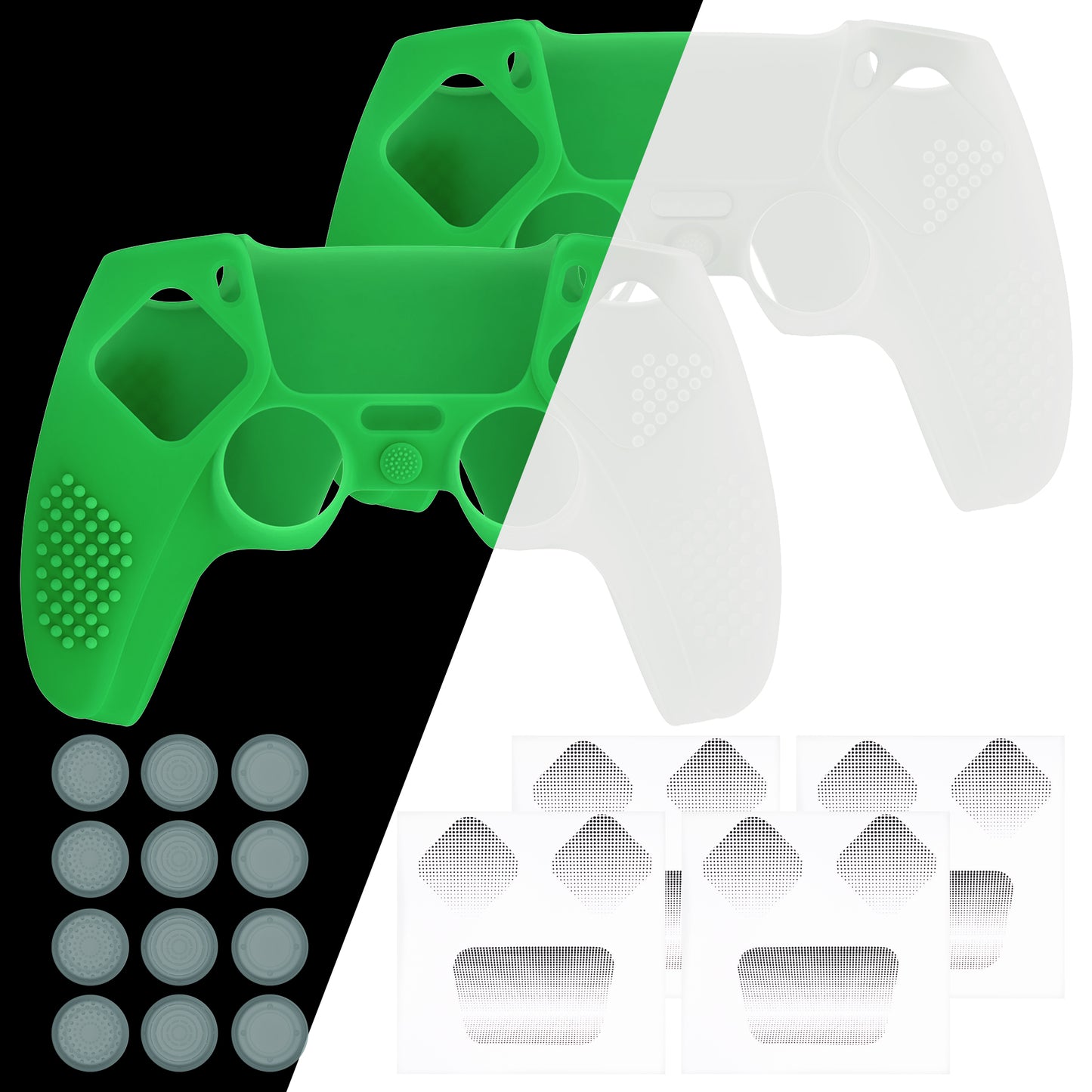 PlayVital 2 Set Upgraded 3D Studded Edition Anti-Slip Silicone Cover Skin with 6 Thumb Grips & 2 Stickers for PS5 Controller, Compatible with Charging Dock - Glow in Dark - Green PlayVital