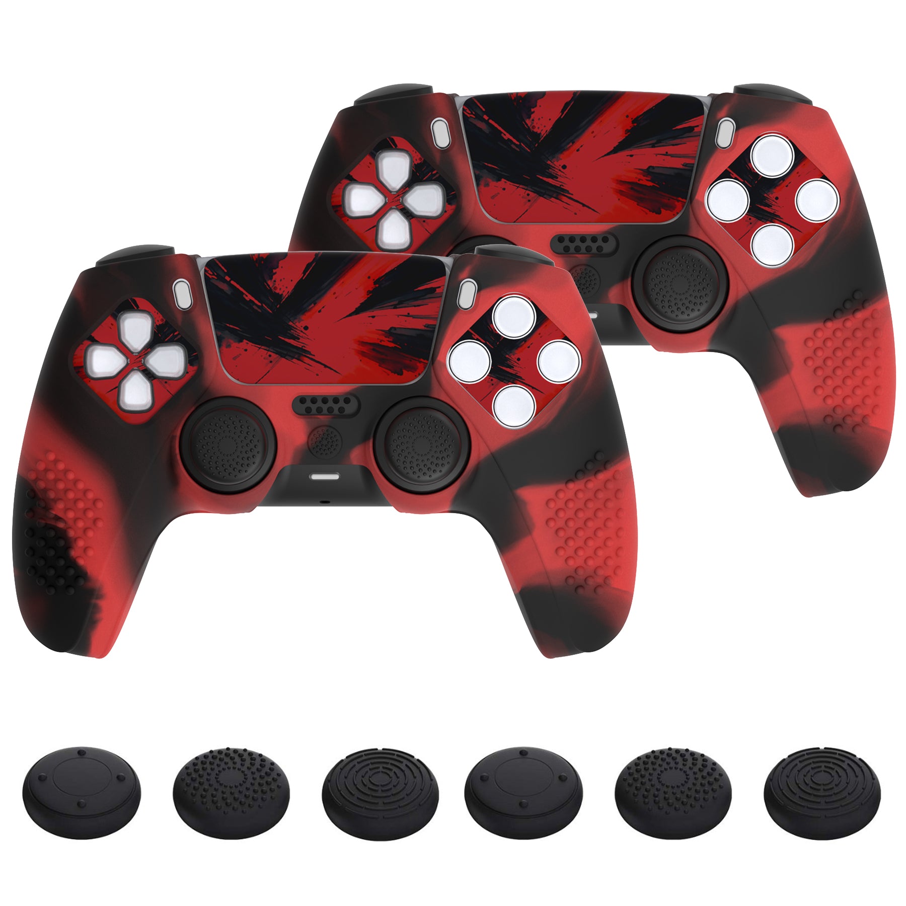 PlayVital 2 Set Upgraded 3D Studded Edition Anti-Slip Silicone Cover Skin with 6 Thumb Grips & 2 Stickers for PS5 Controller, Compatible with Charging Dock - Red & Black PlayVital