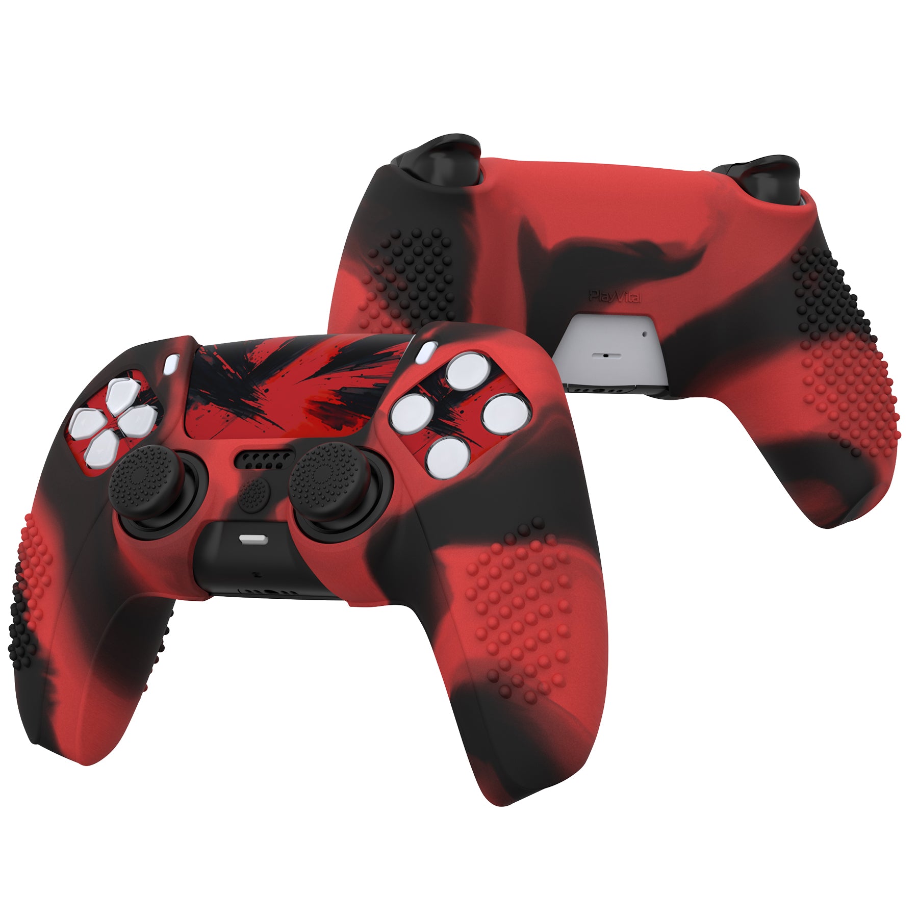 PlayVital 2 Set Upgraded 3D Studded Edition Anti-Slip Silicone Cover Skin with 6 Thumb Grips & 2 Stickers for PS5 Controller, Compatible with Charging Dock - Red & Black PlayVital