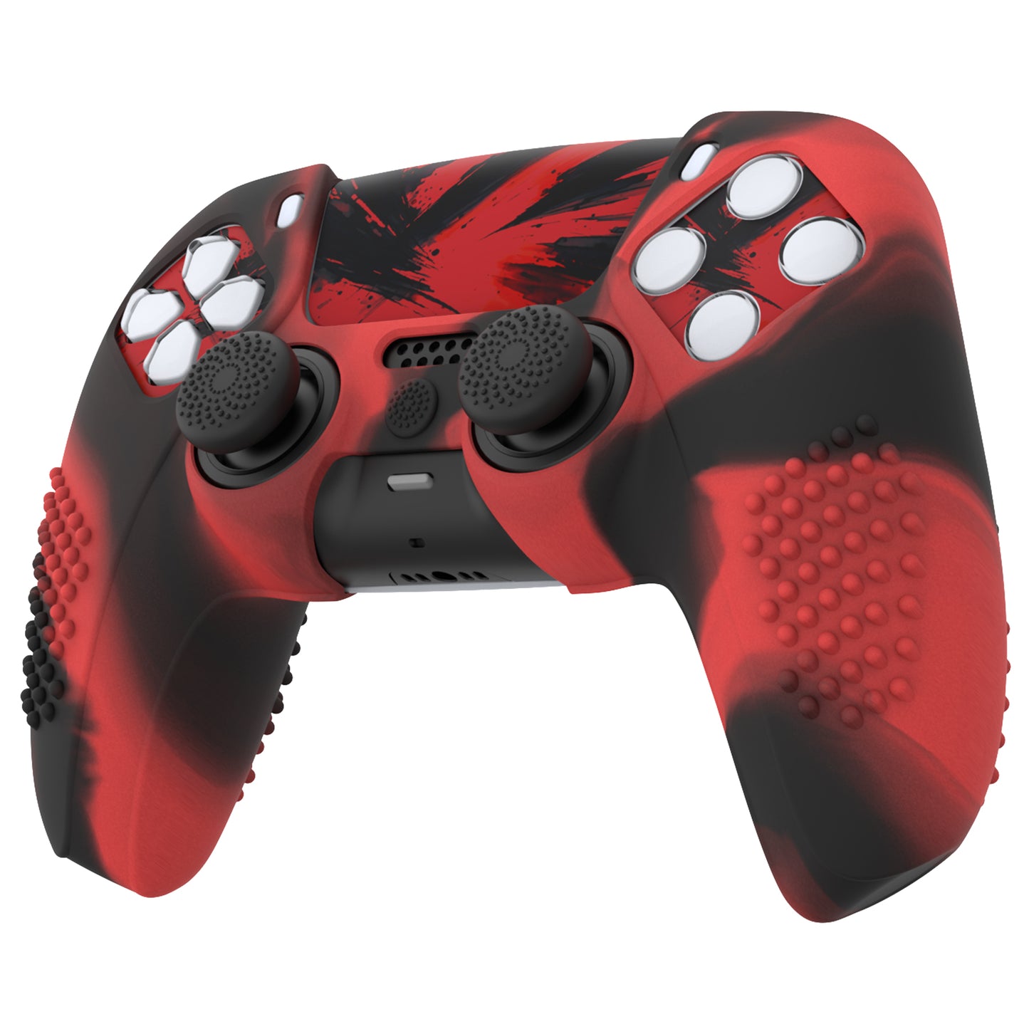 PlayVital 2 Set Upgraded 3D Studded Edition Anti-Slip Silicone Cover Skin with 6 Thumb Grips & 2 Stickers for PS5 Controller, Compatible with Charging Dock - Red & Black PlayVital