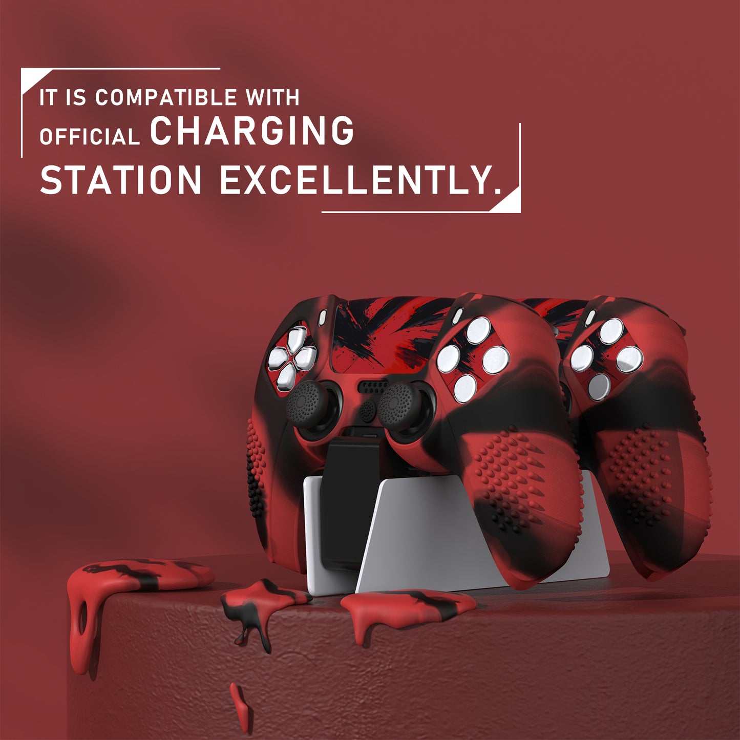 PlayVital 2 Set Upgraded 3D Studded Edition Anti-Slip Silicone Cover Skin with 6 Thumb Grips & 2 Stickers for PS5 Controller, Compatible with Charging Dock - Red & Black PlayVital