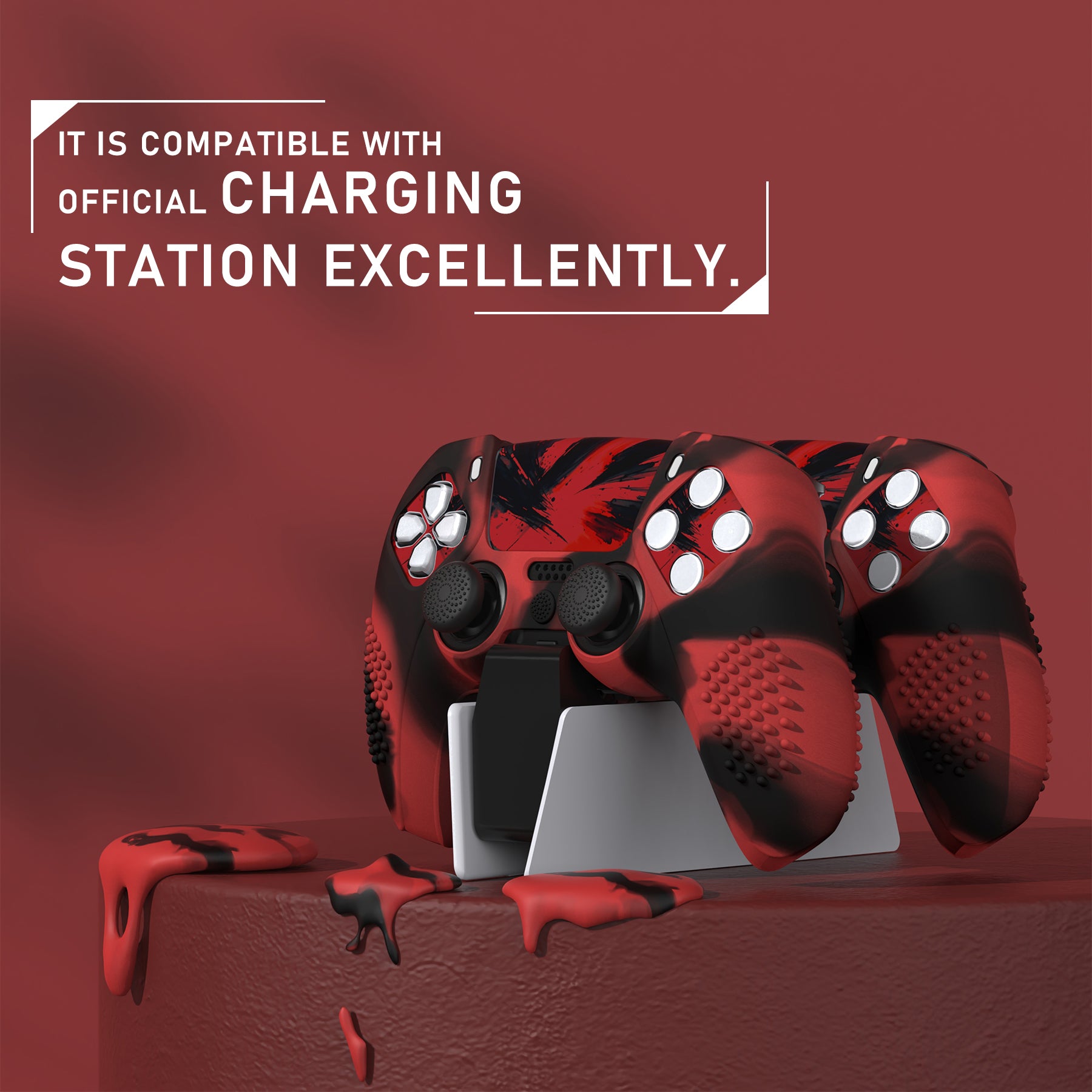 PlayVital 2 Set Upgraded 3D Studded Edition Anti-Slip Silicone Cover Skin with 6 Thumb Grips & 2 Stickers for PS5 Controller, Compatible with Charging Dock - Red & Black PlayVital