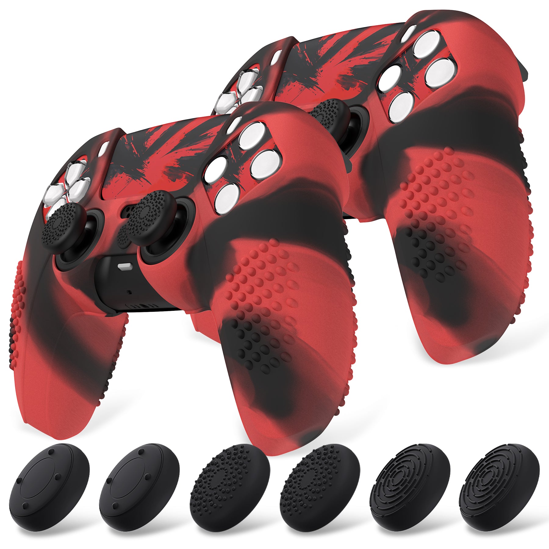 PlayVital 2 Set Upgraded 3D Studded Edition Anti-Slip Silicone Cover Skin with 6 Thumb Grips & 2 Stickers for PS5 Controller, Compatible with Charging Dock - Red & Black PlayVital