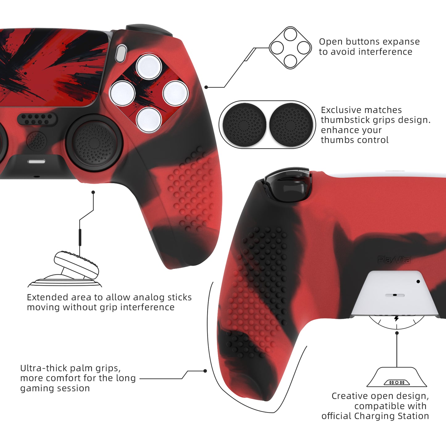 PlayVital 2 Set Upgraded 3D Studded Edition Anti-Slip Silicone Cover Skin with 6 Thumb Grips & 2 Stickers for PS5 Controller, Compatible with Charging Dock - Red & Black PlayVital