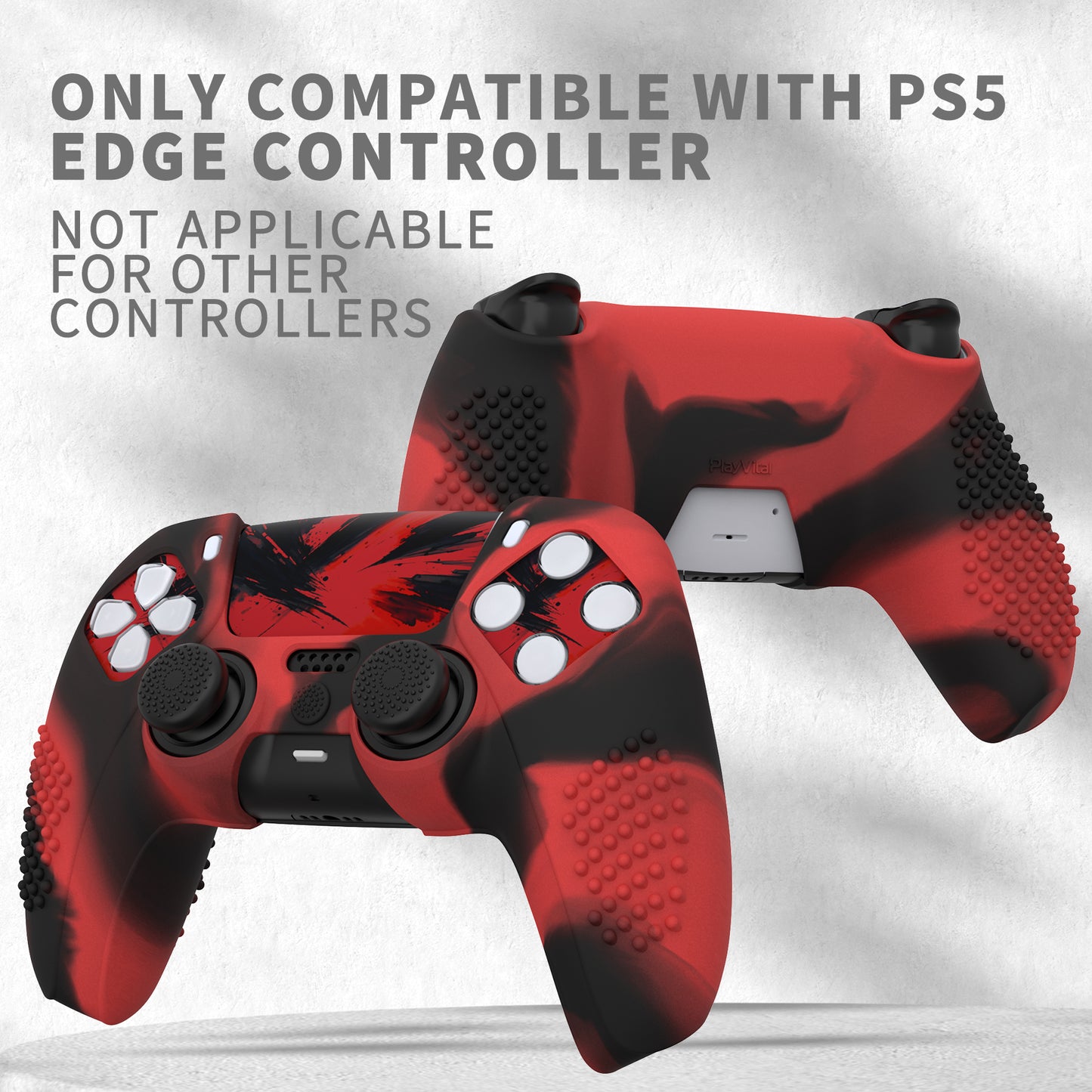 PlayVital 2 Set Upgraded 3D Studded Edition Anti-Slip Silicone Cover Skin with 6 Thumb Grips & 2 Stickers for PS5 Controller, Compatible with Charging Dock - Red & Black PlayVital